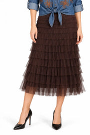 John Mark Chocolate Knitted Tulle Pull-on Tiered Skirt