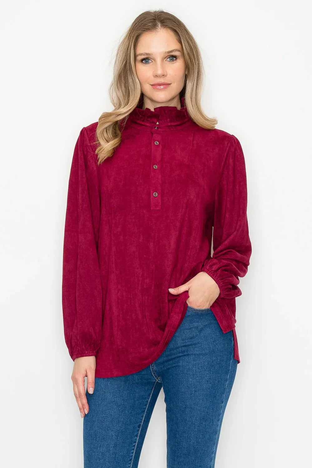 JOH Willabella Suede Top with Ruffled Collar -Wine