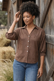 APNY Faux Suede Blouse with Blouson Sleeve-Chocolate Brown