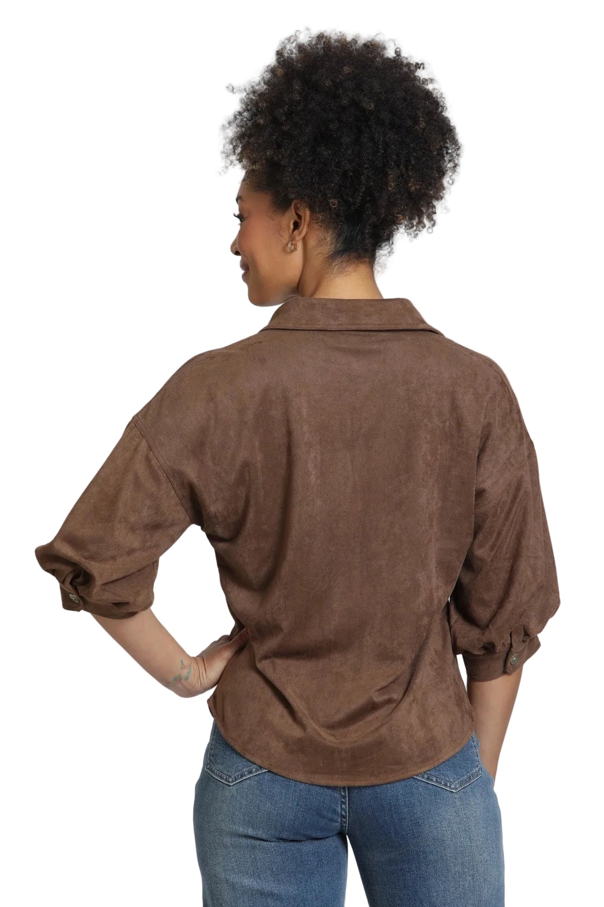 APNY Faux Suede Blouse with Blouson Sleeve-Chocolate Brown