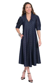 Lior Paris Amber Long Pointed Collar SS Dress-Denim Dots