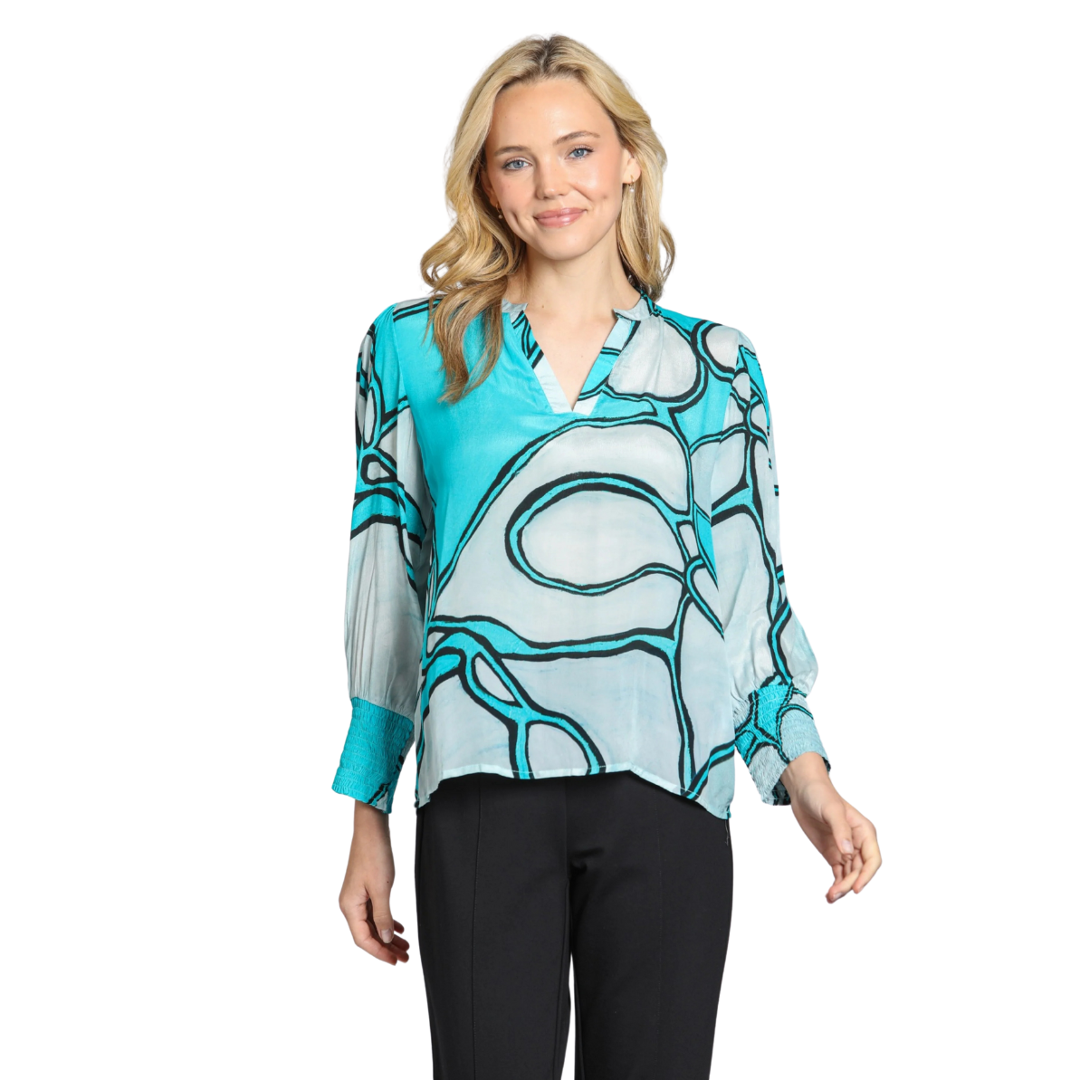 APNY Split Neck Top w/ Smocked Cuffs