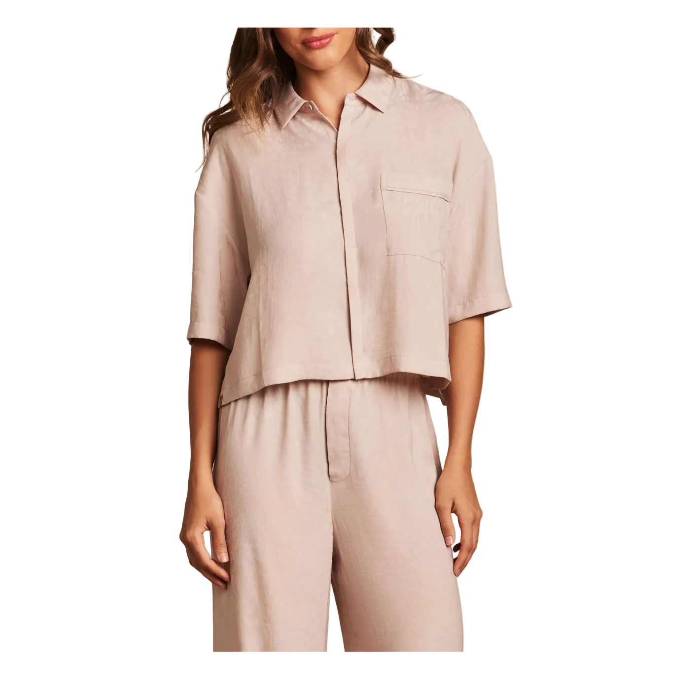 Barefoot Dreams Washed Satin Jacquard Crop Lounge Shirt -Feather