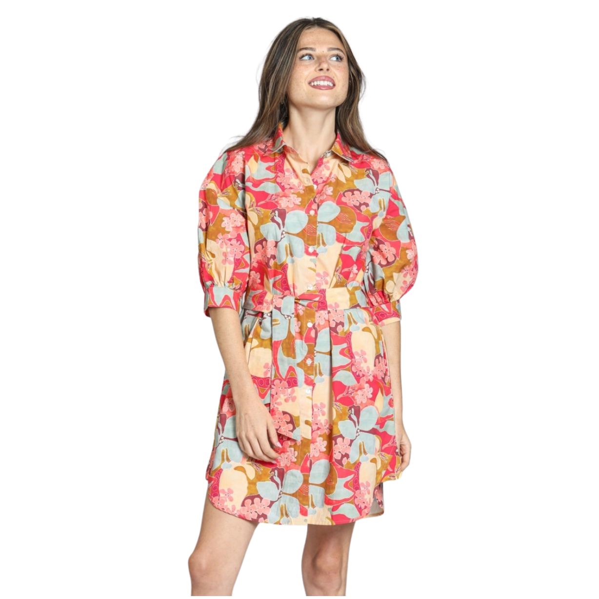 APNY Belted Dress with Puff Sleeves Coral Multi