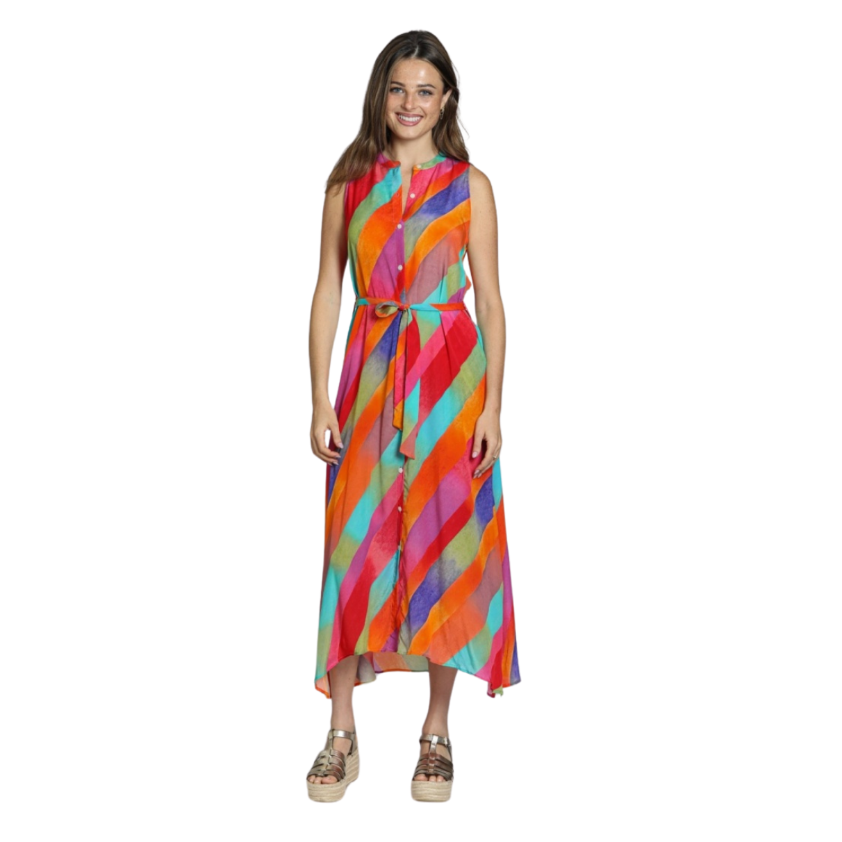 APNY Sleeveless Button-Down Maxi Dress Orange/Purple Multi Confetti Lines Print