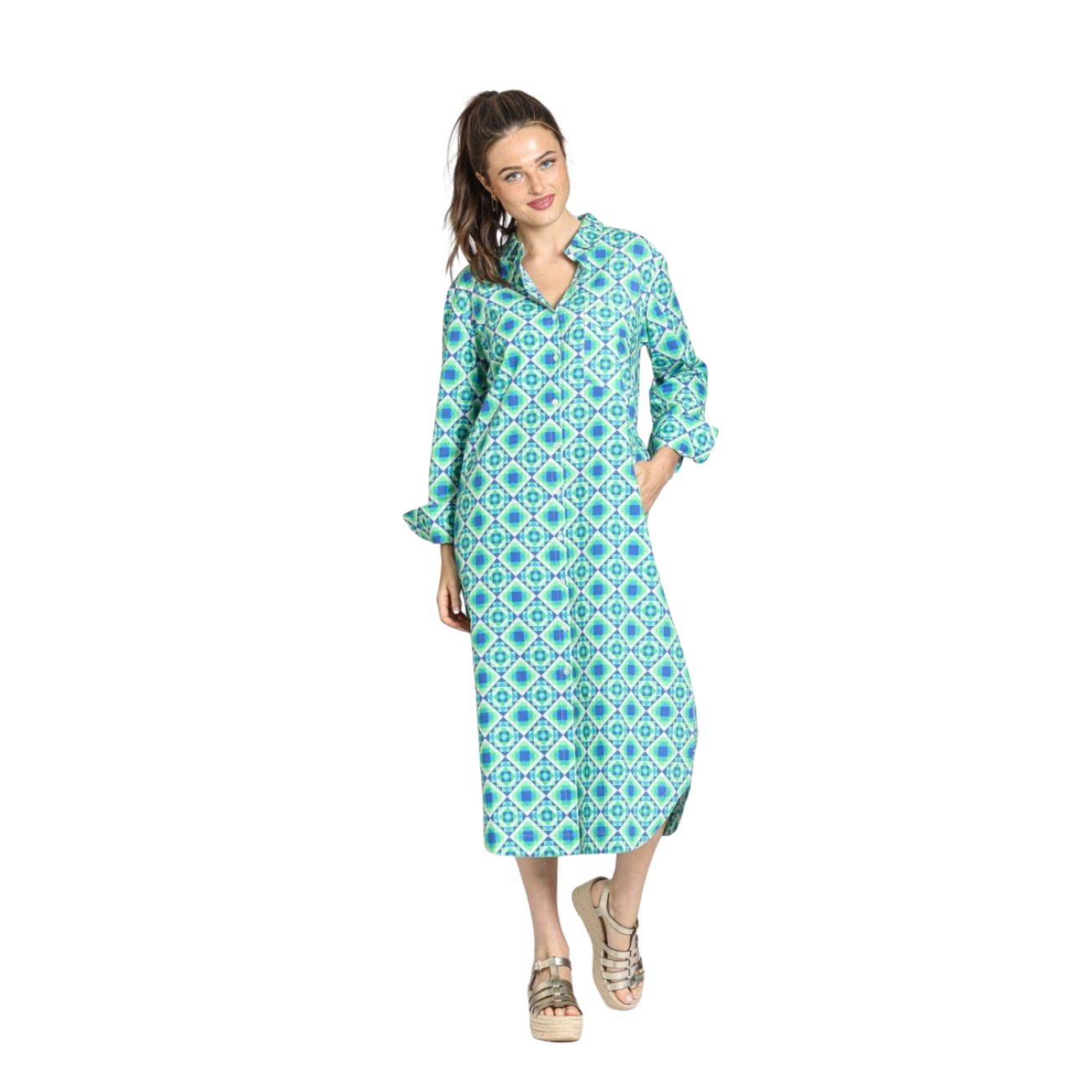 APNY Printed Long Sleeve Cotton Shirtdress Blue Multi