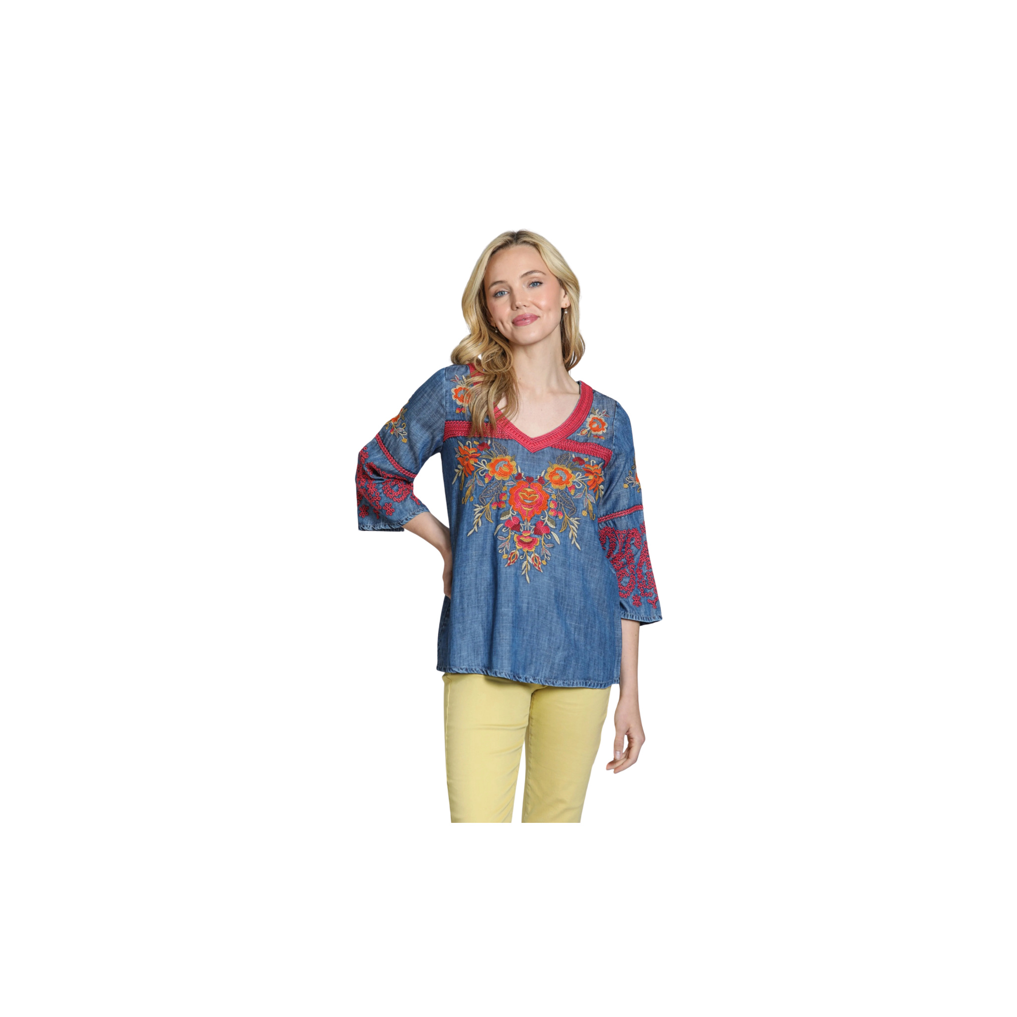 APNY Floral Embroidered V-Neck Pullover - Tencel Pink Multi