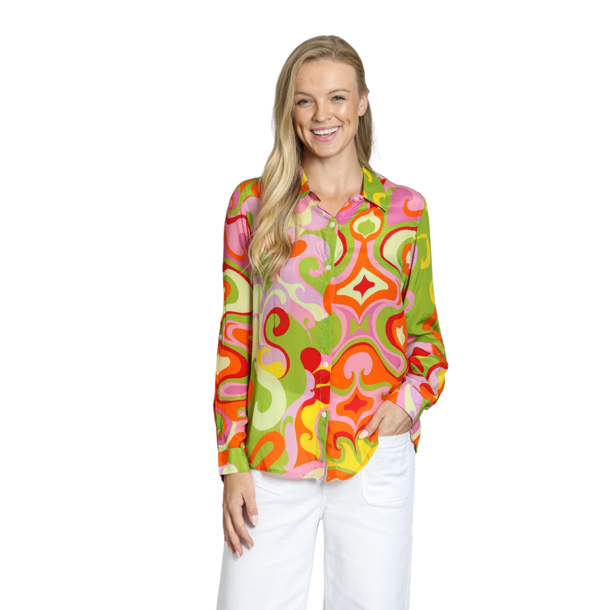 APNY Button-up Blouse w/ Roll-up Sleeve-Green Multi Psychedelic Pop Print