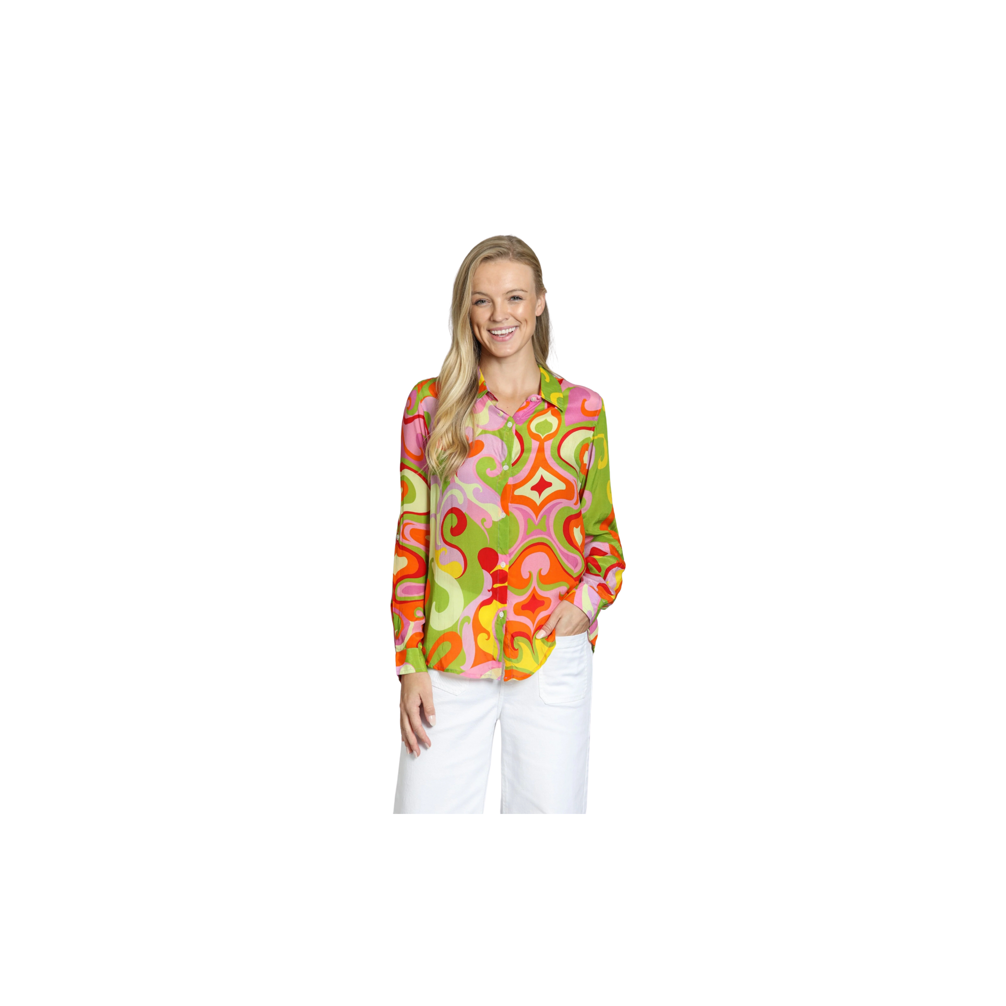 APNY Button-up Blouse w/ Roll-up Sleeve-Green Multi Psychedelic Pop Print