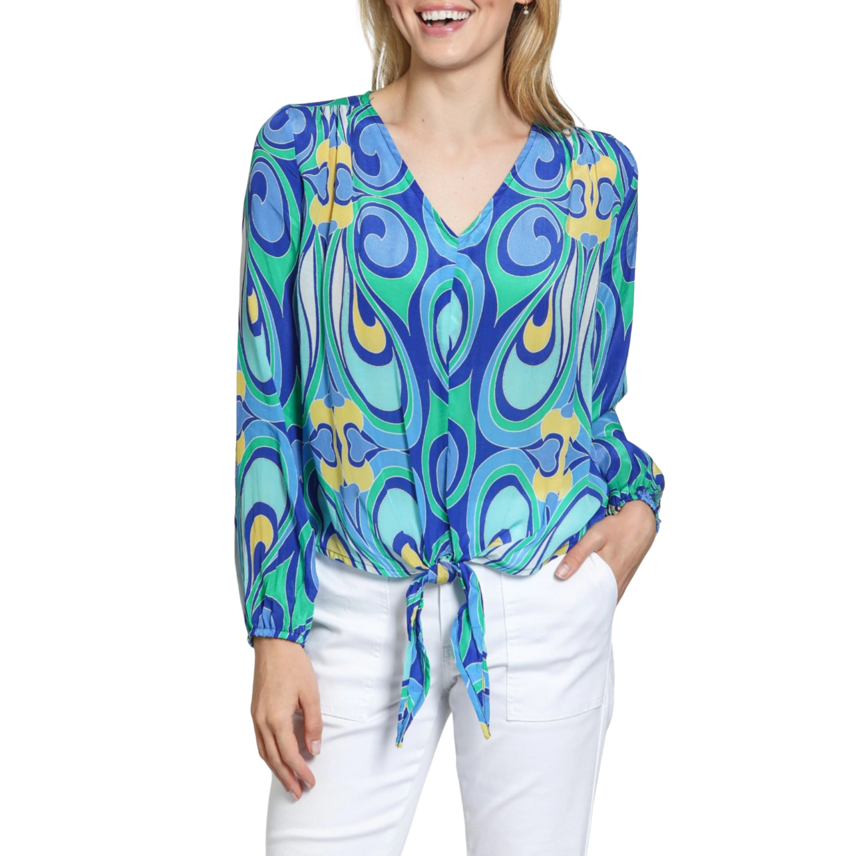 APNY V-Neck Tie Front Top Blue/Green Multi Blue Lagoon Paisley Print