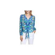 APNY V-Neck Tie Front Top Blue/Green Multi Blue Lagoon Paisley Print