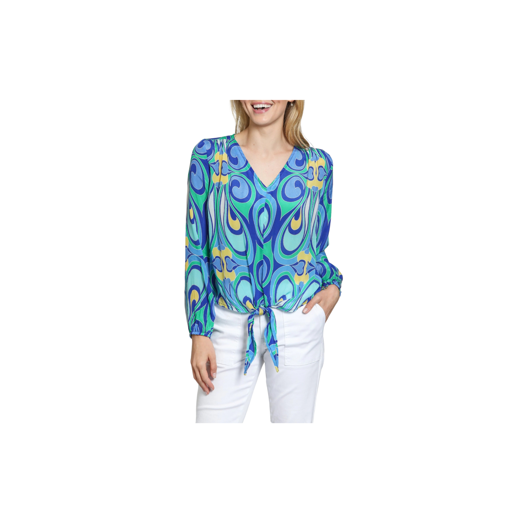 APNY V-Neck Tie Front Top Blue/Green Multi Blue Lagoon Paisley Print
