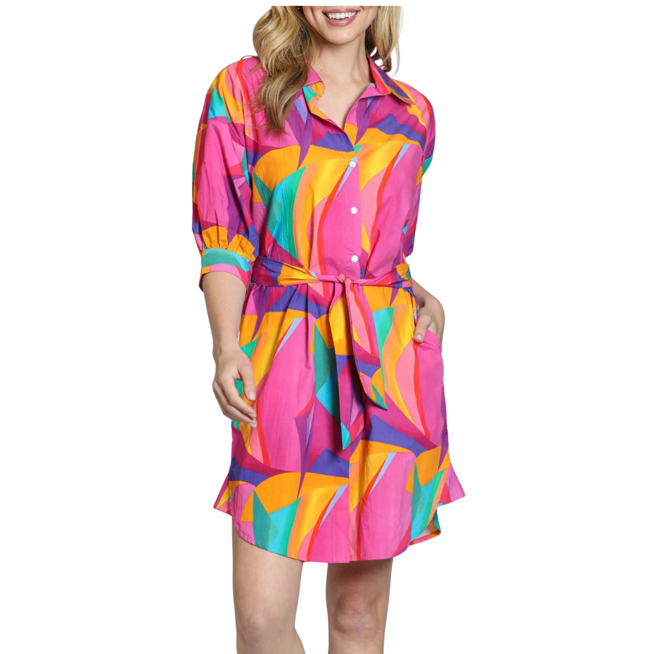 APNY Belted Dress with Puff Sleeves Pink/Green Multi Vivid Abstract Print