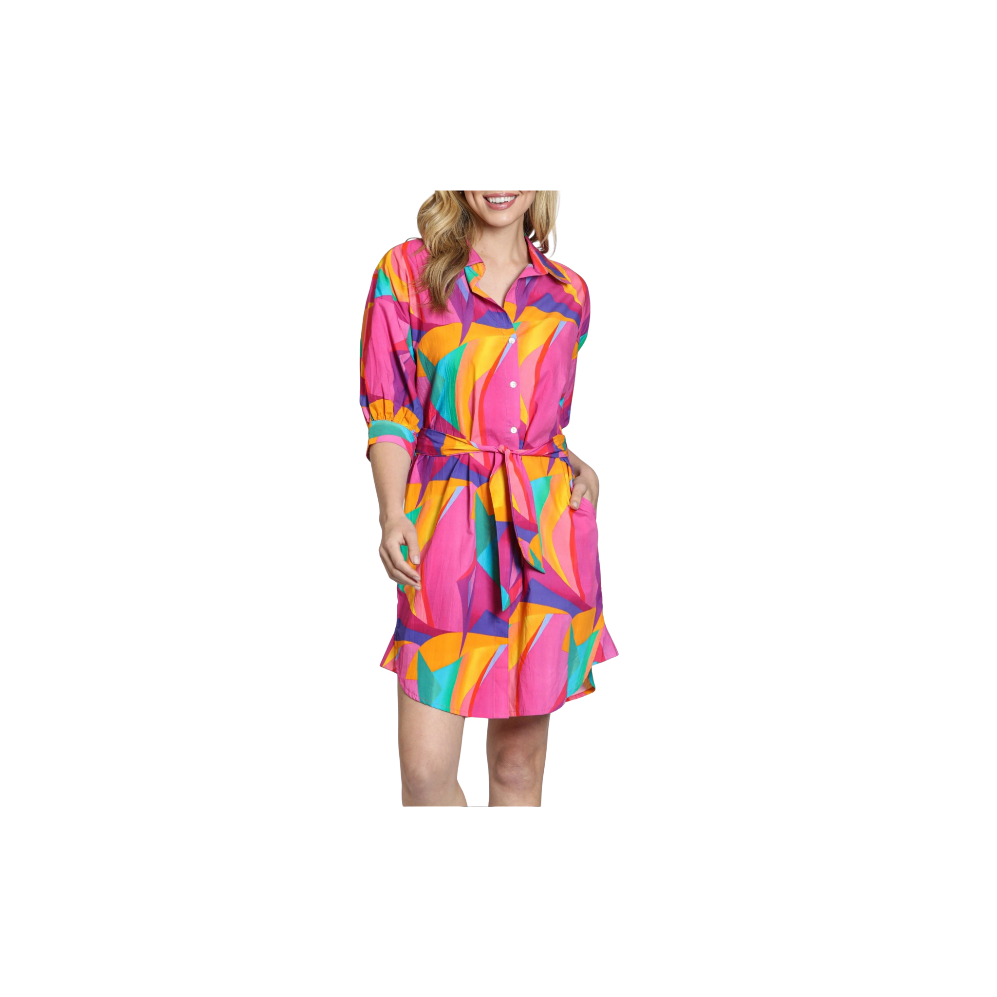 APNY Belted Dress with Puff Sleeves Pink/Green Multi Vivid Abstract Print