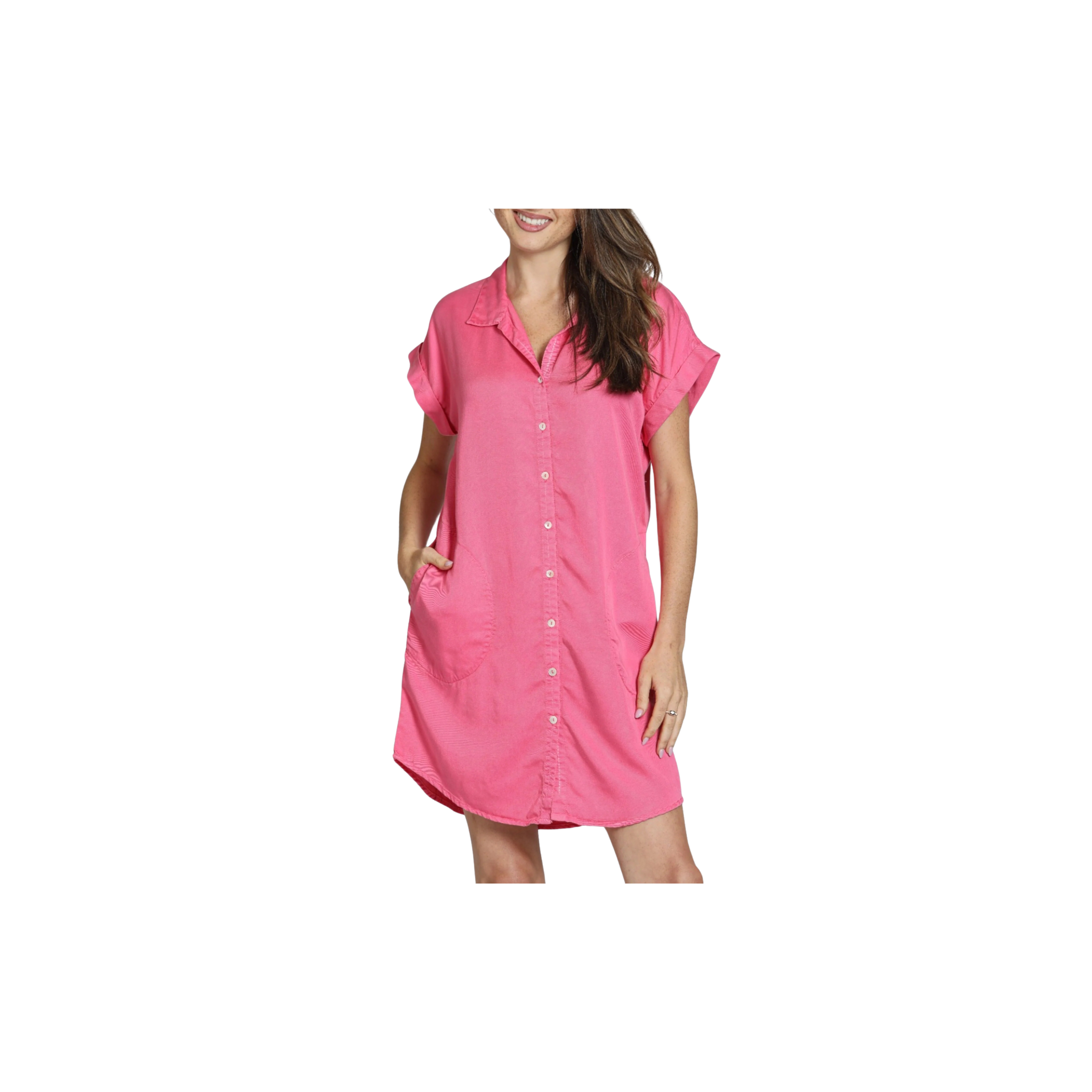 APNY Pocket Shirt Dress -Short Sleeve Hot Coral