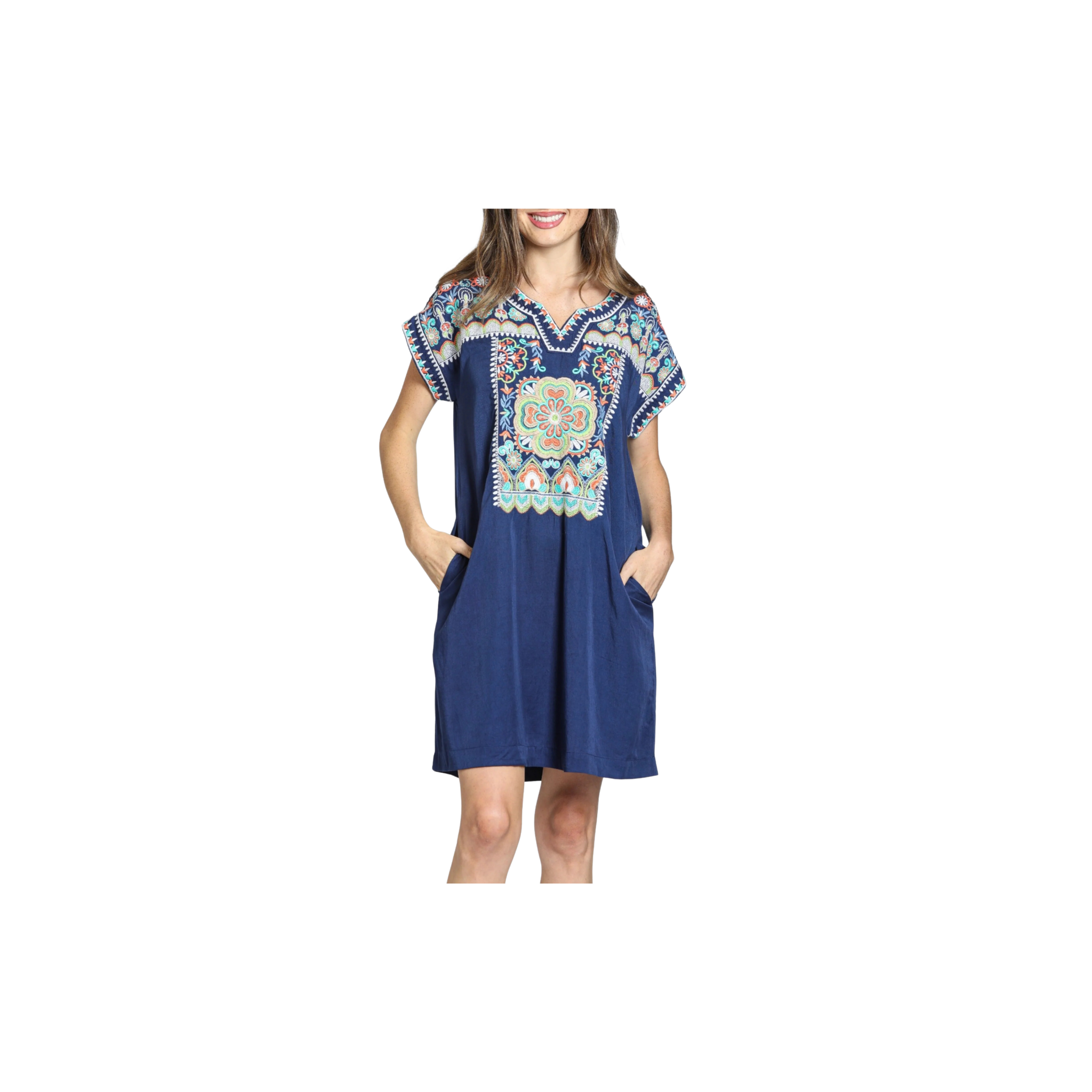 APNY Boho V-Neck Short Sleeve Shift Dress Navy Indigo Bloom