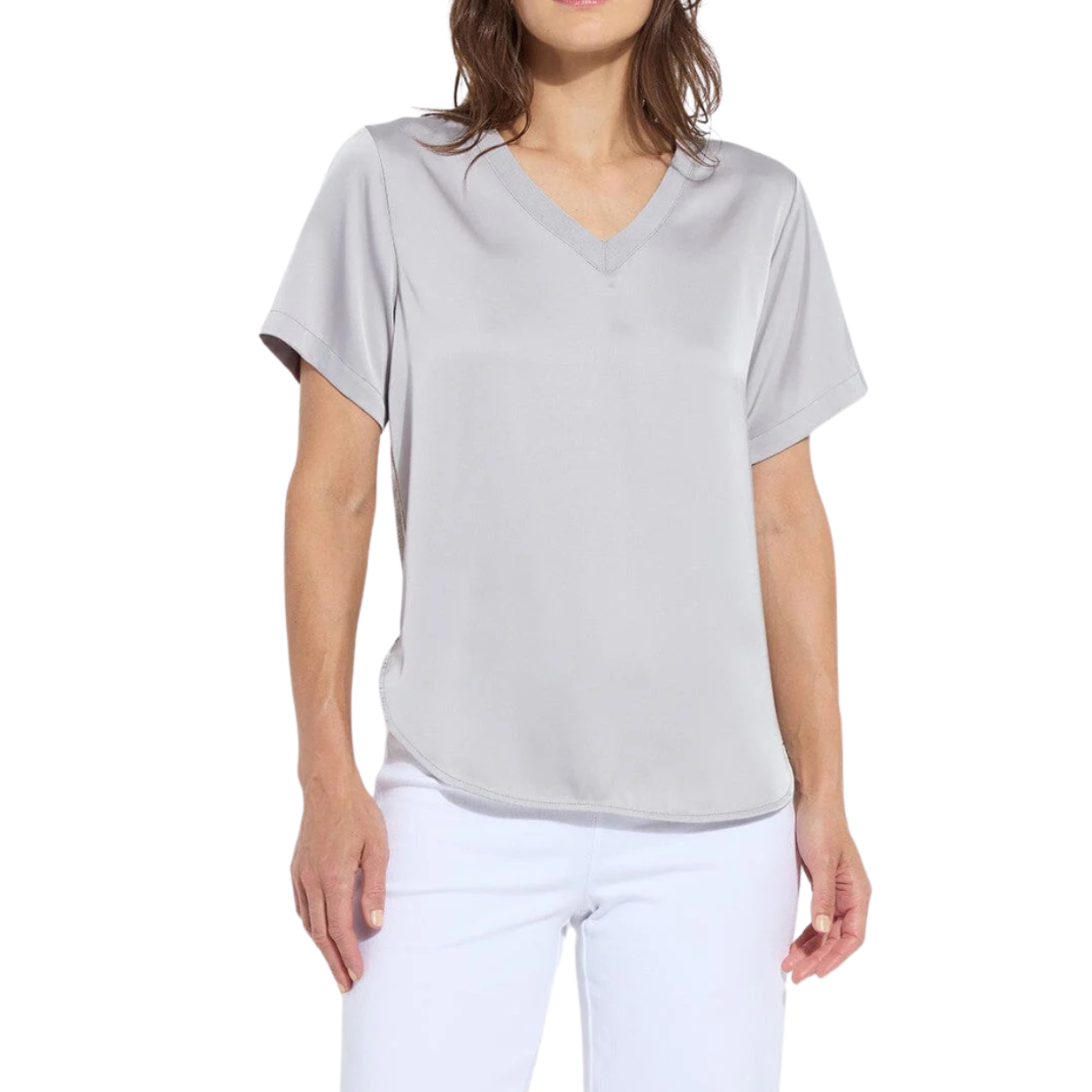 Lysse Sonja V Neck Mix Media Top-Pearl Grey