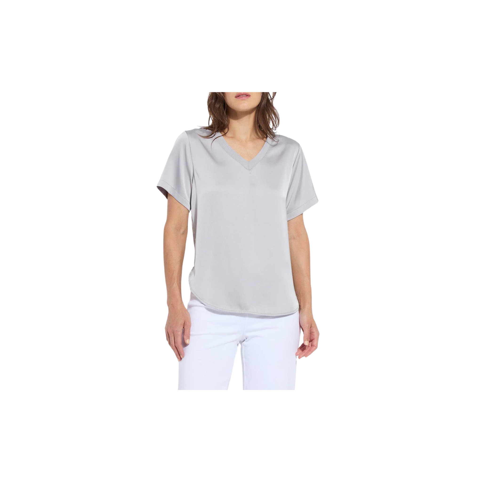 Sonja V Neck Mix Media Top-Pearl Grey