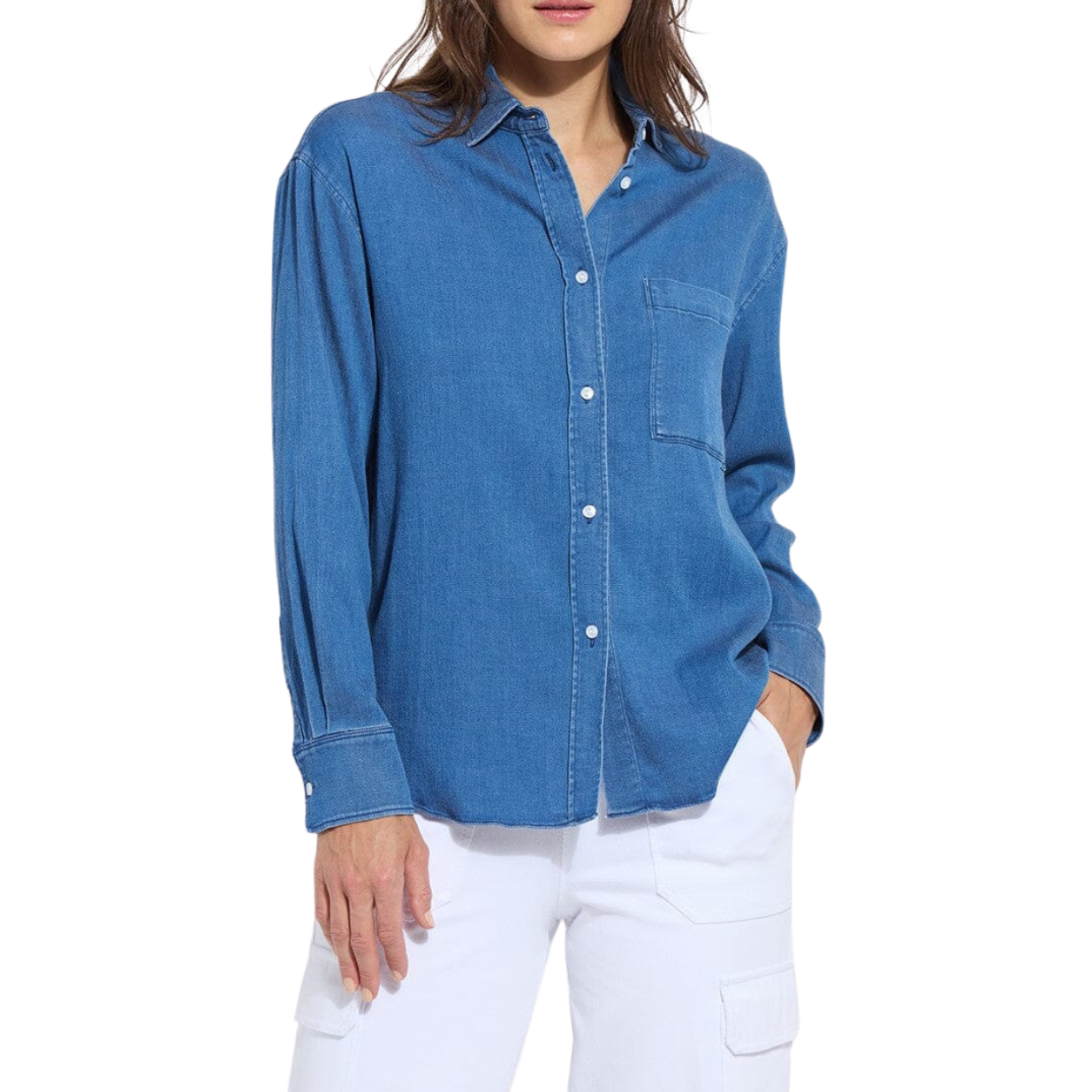 Lysse Bay Crop Chambray Shirt-Mid Wash