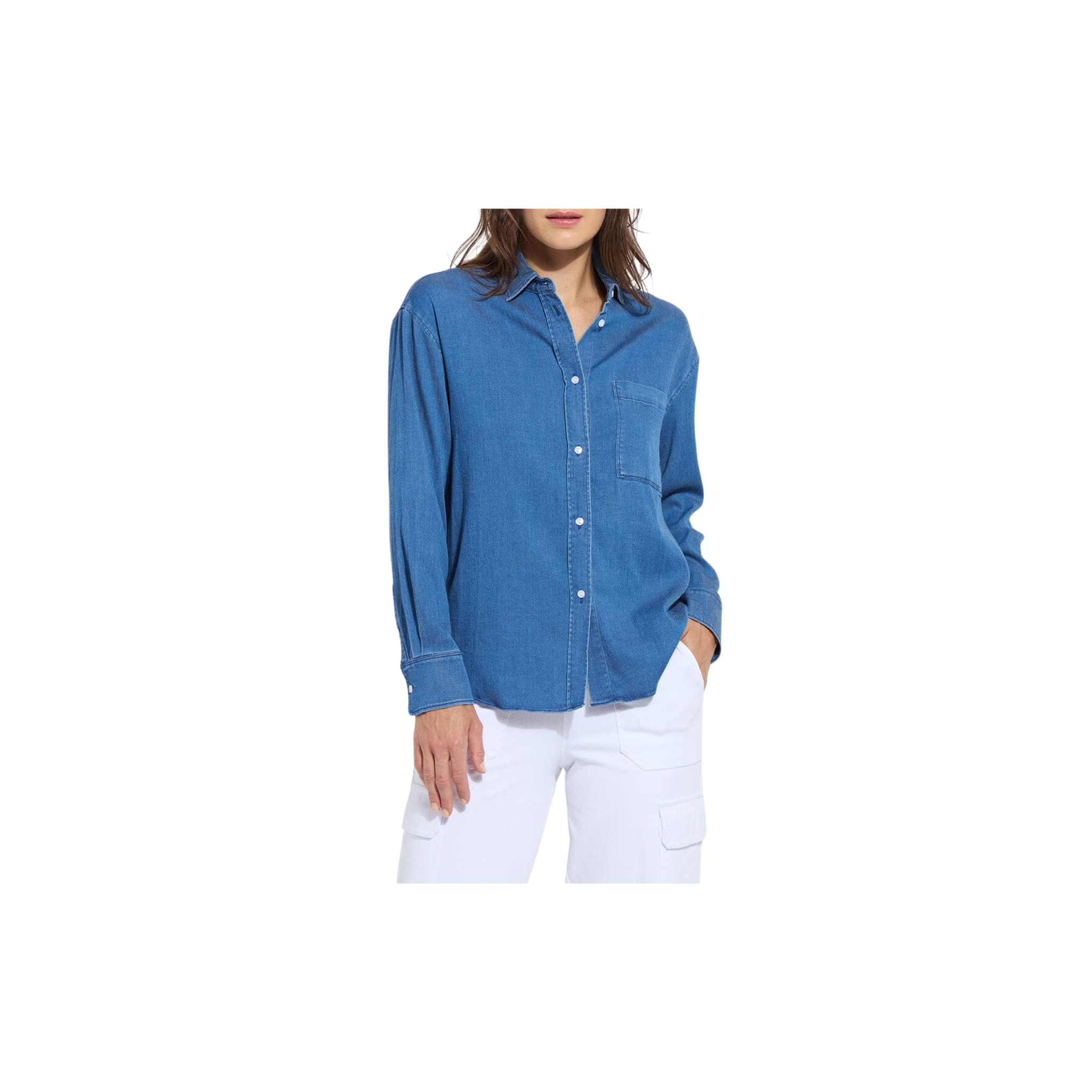 Bay Crop Chambray Shirt-Mid Wash