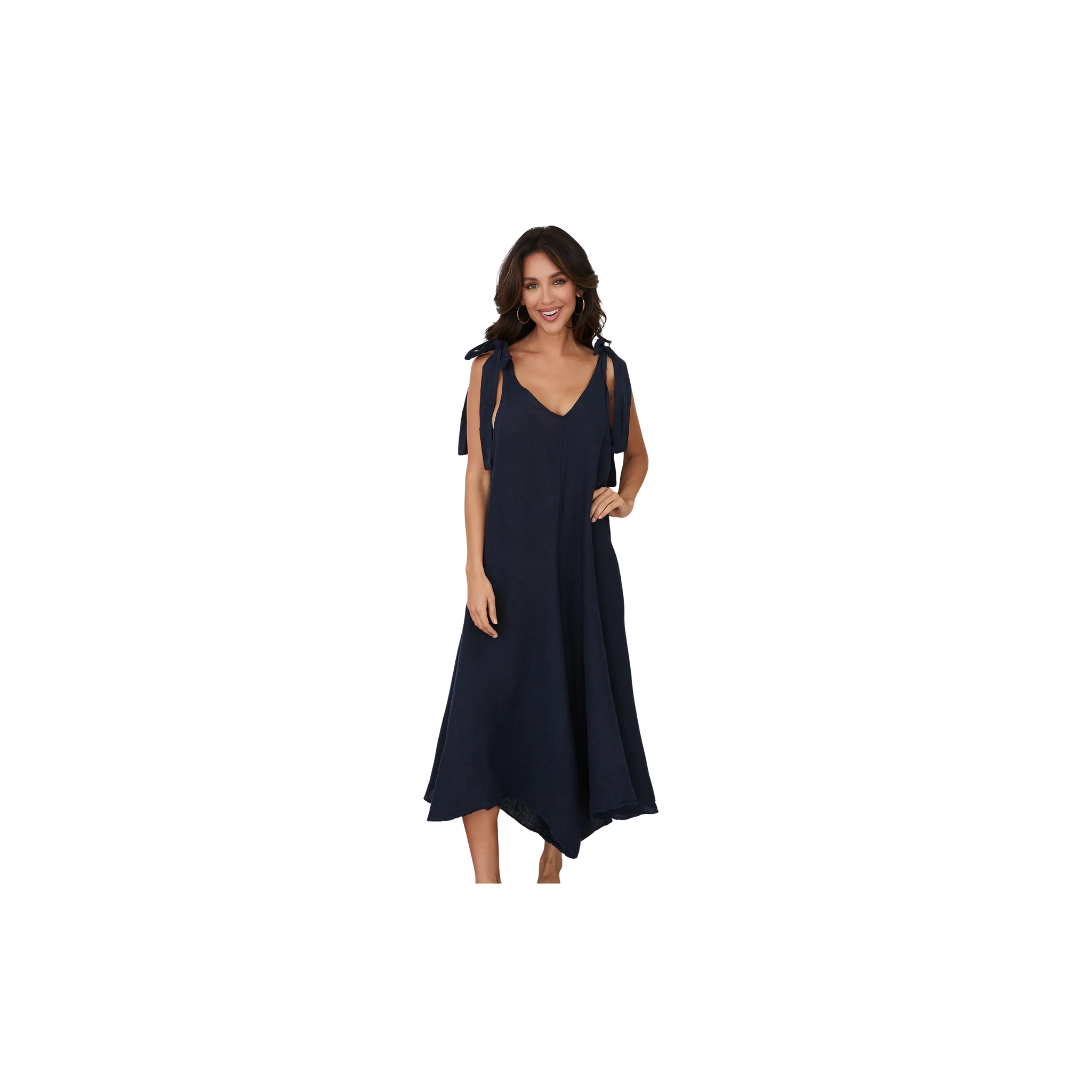 Tie Shoulder V-Neck Linen Jumpsuit (Navy)