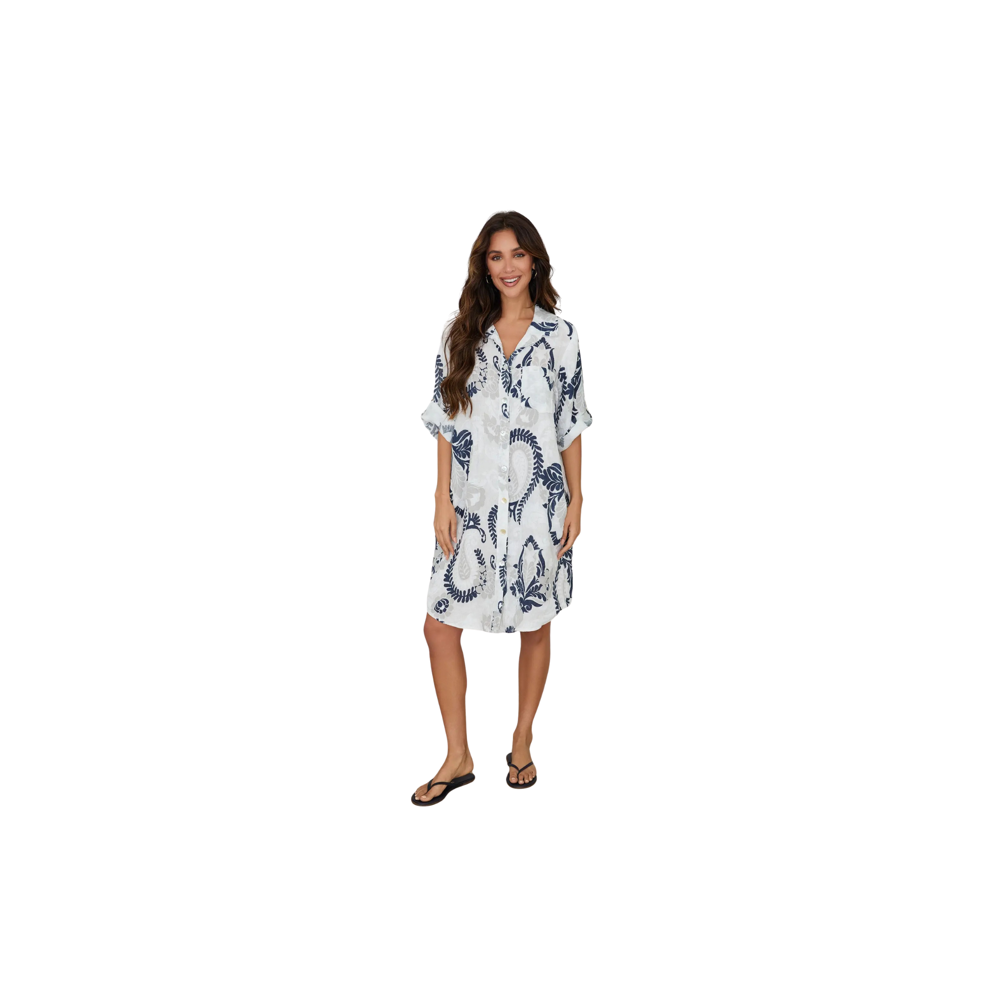 Paisley Print Button Down Linen Dress (Paisley White/Navy)