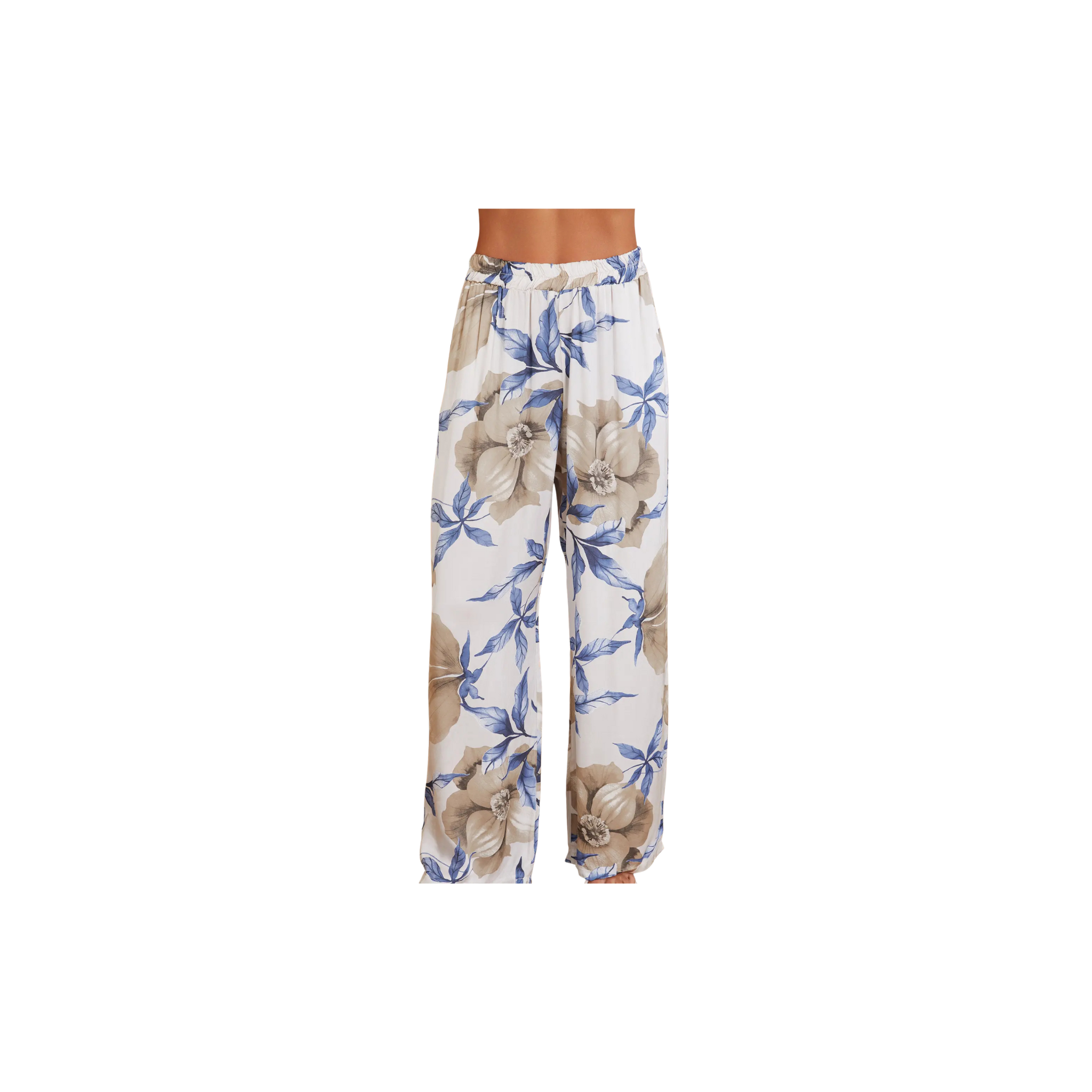 Poppy Floral Print Wide Leg Silky Pant (Beige Floral)