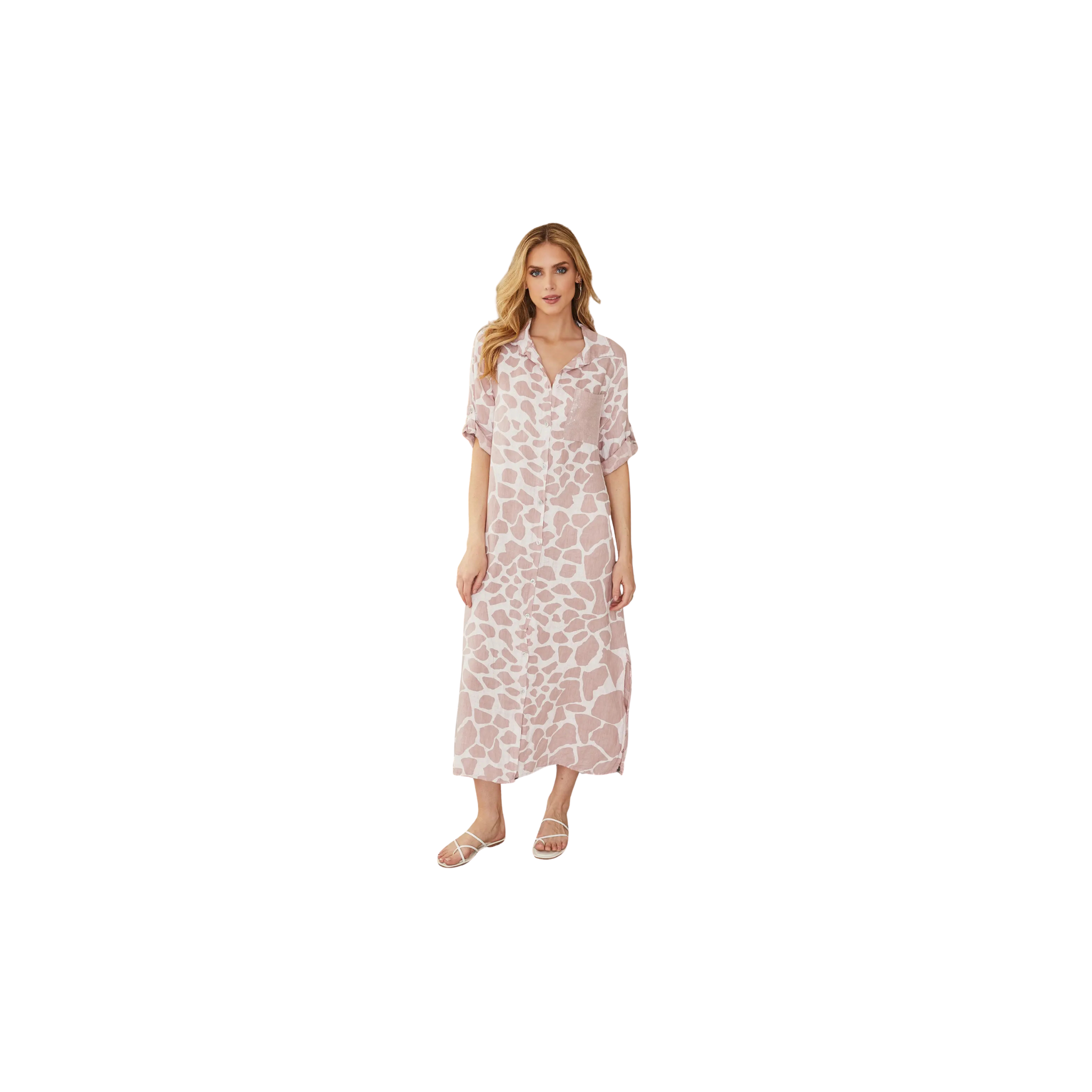 Linen Pebble Print Button Down Dress (Dusty Rose)
