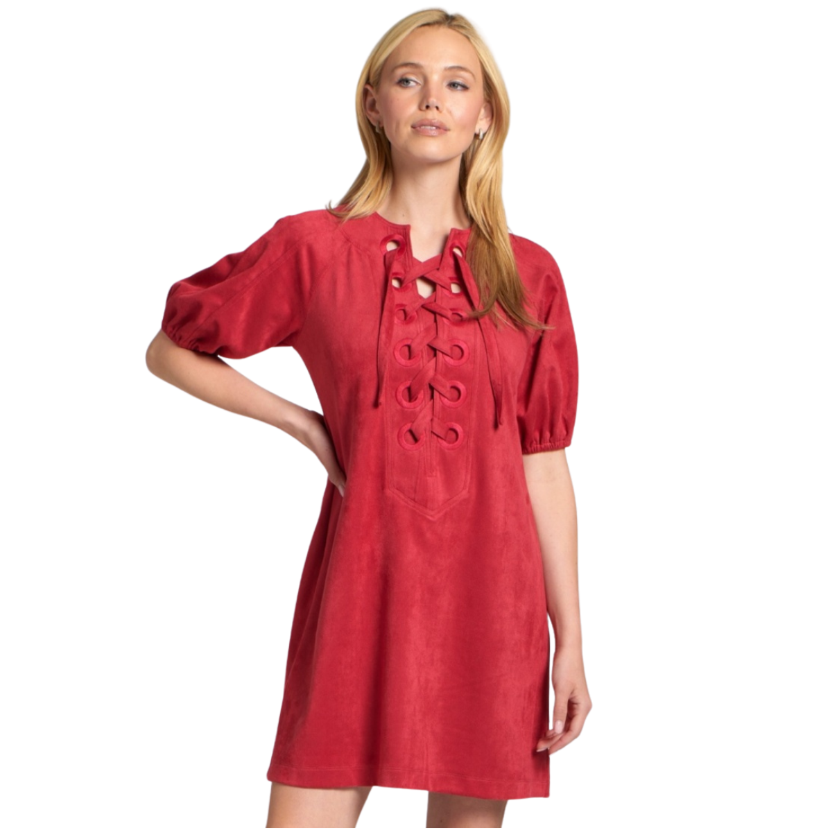Vegan Suede Lace-Up Puff Sleeved Dress -Red