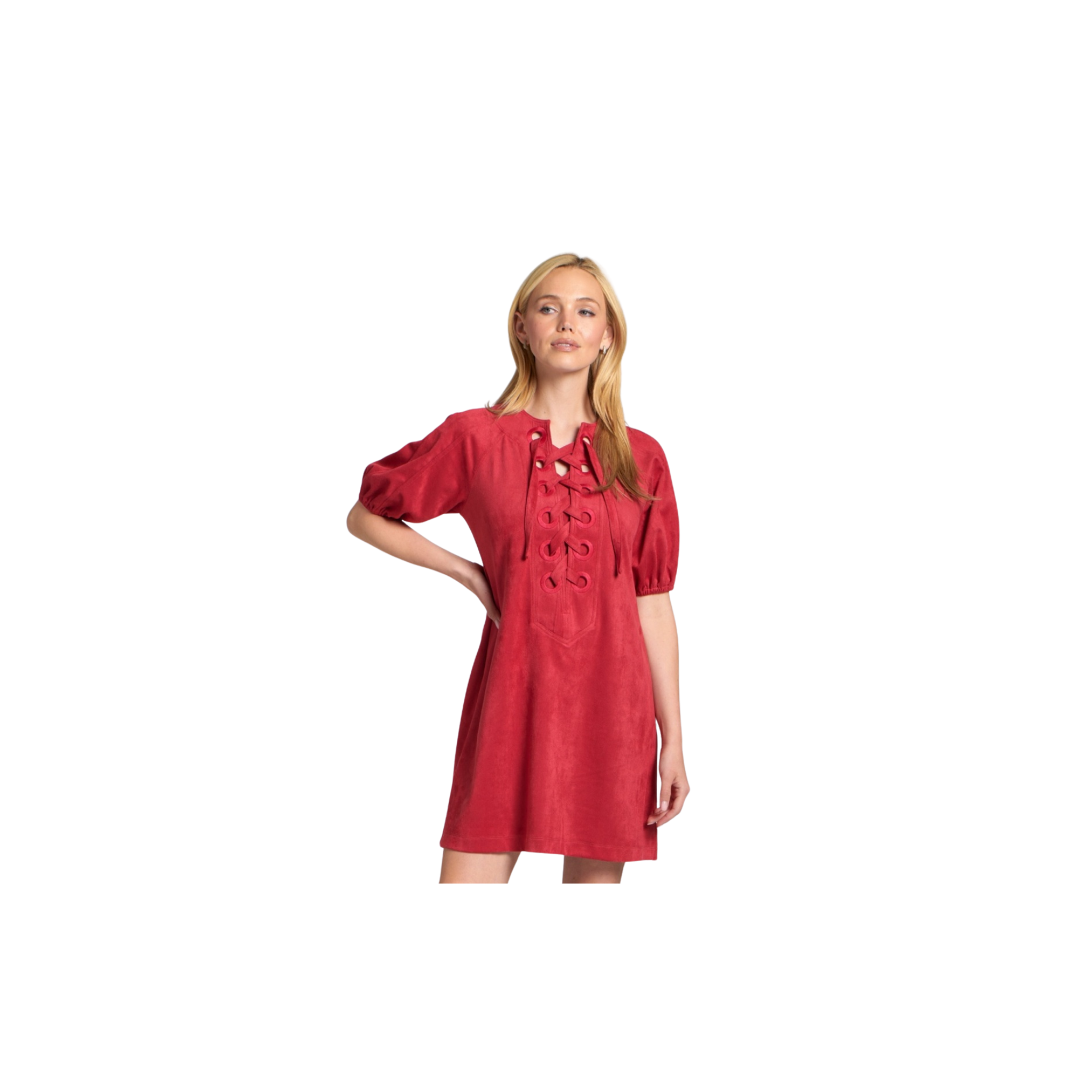 Vegan Suede Lace-Up Puff Sleeved Dress -Red