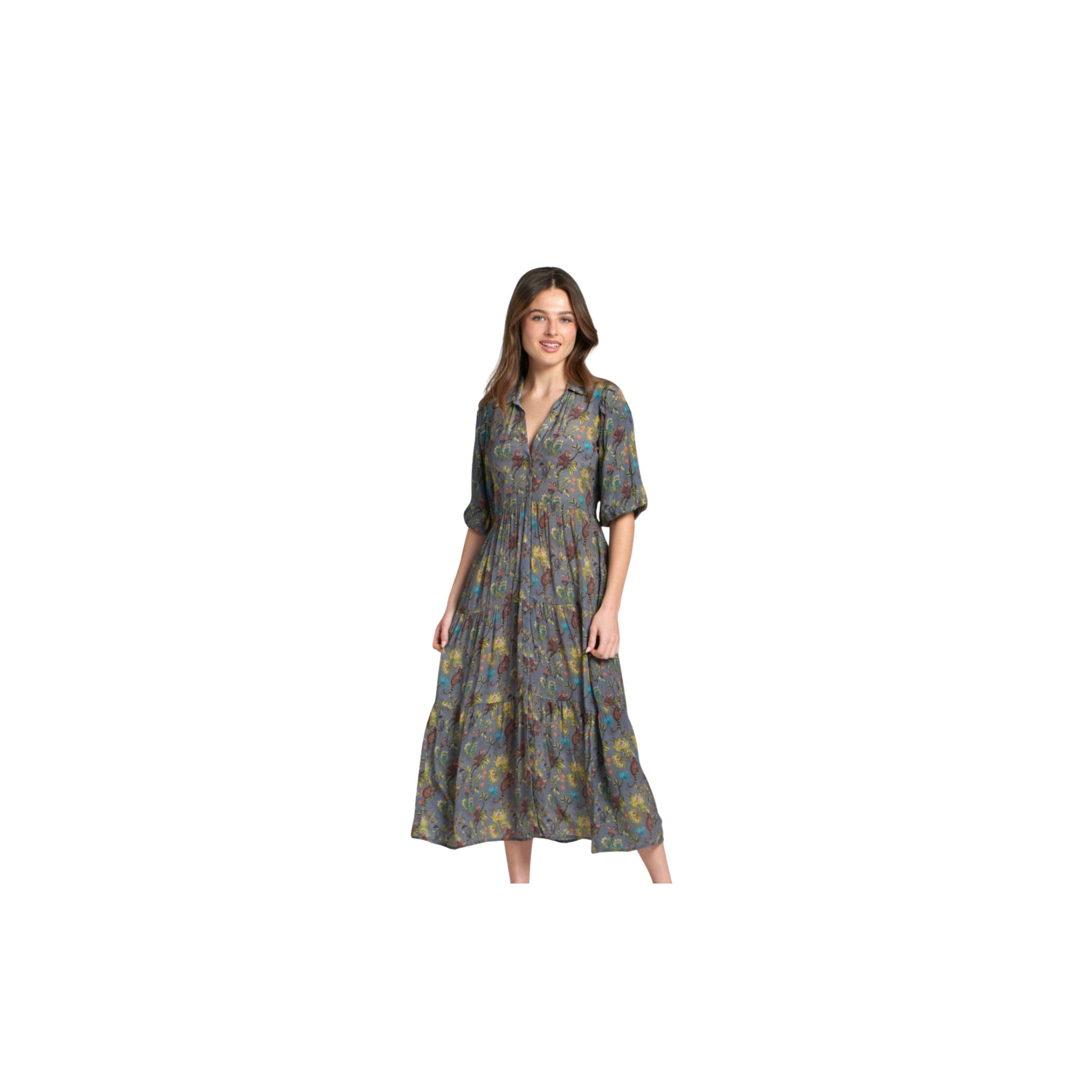 APNY Long Tiered Dress w/ Elbow Sleeves -Grey Multi