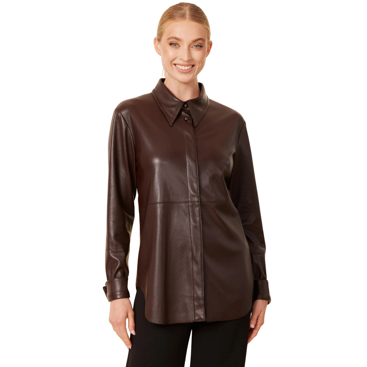 Dolce Cabo Faux Leather Metallic Tailored Shirt - Coffee