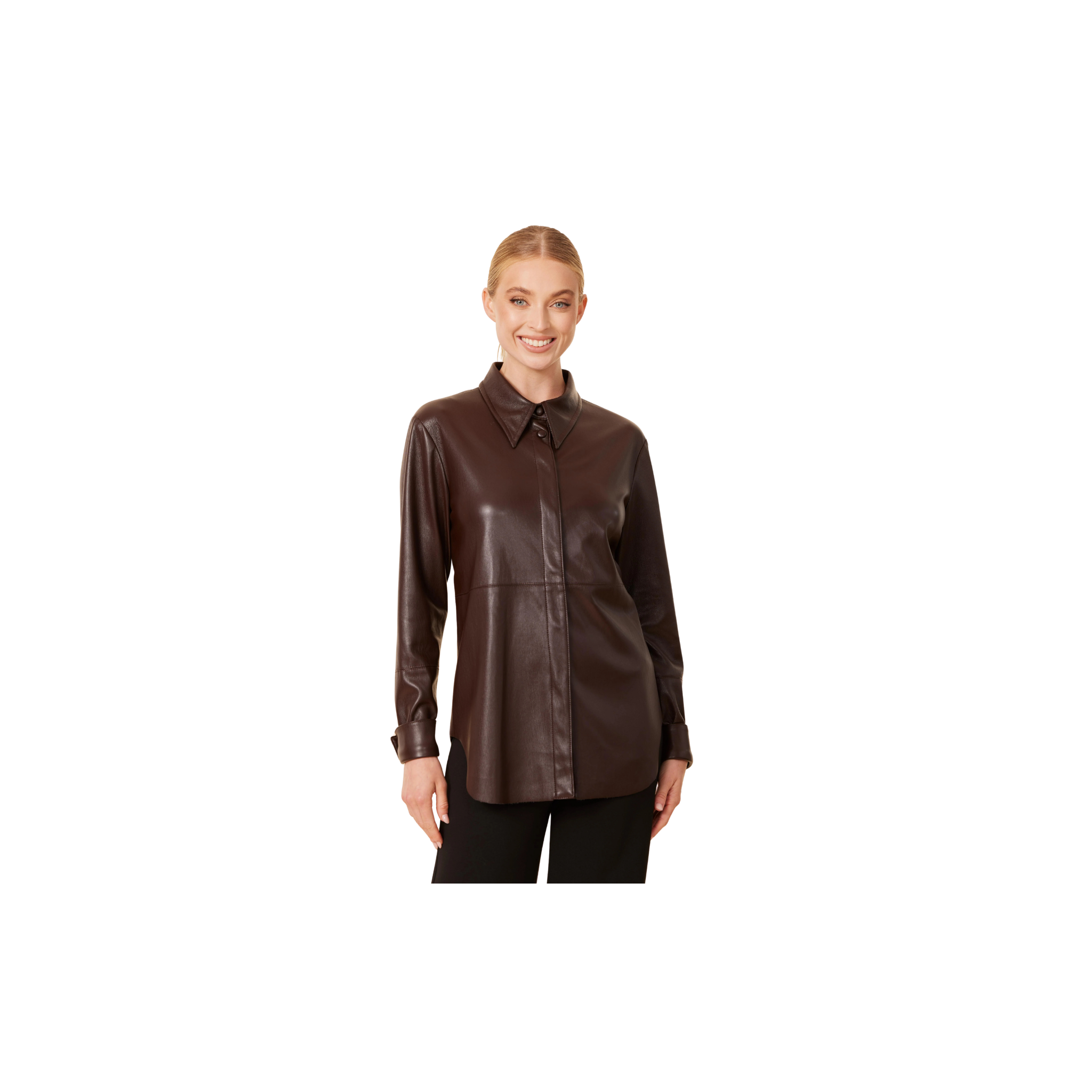 Faux Leather Metallic Tailored Shirt - Coffee