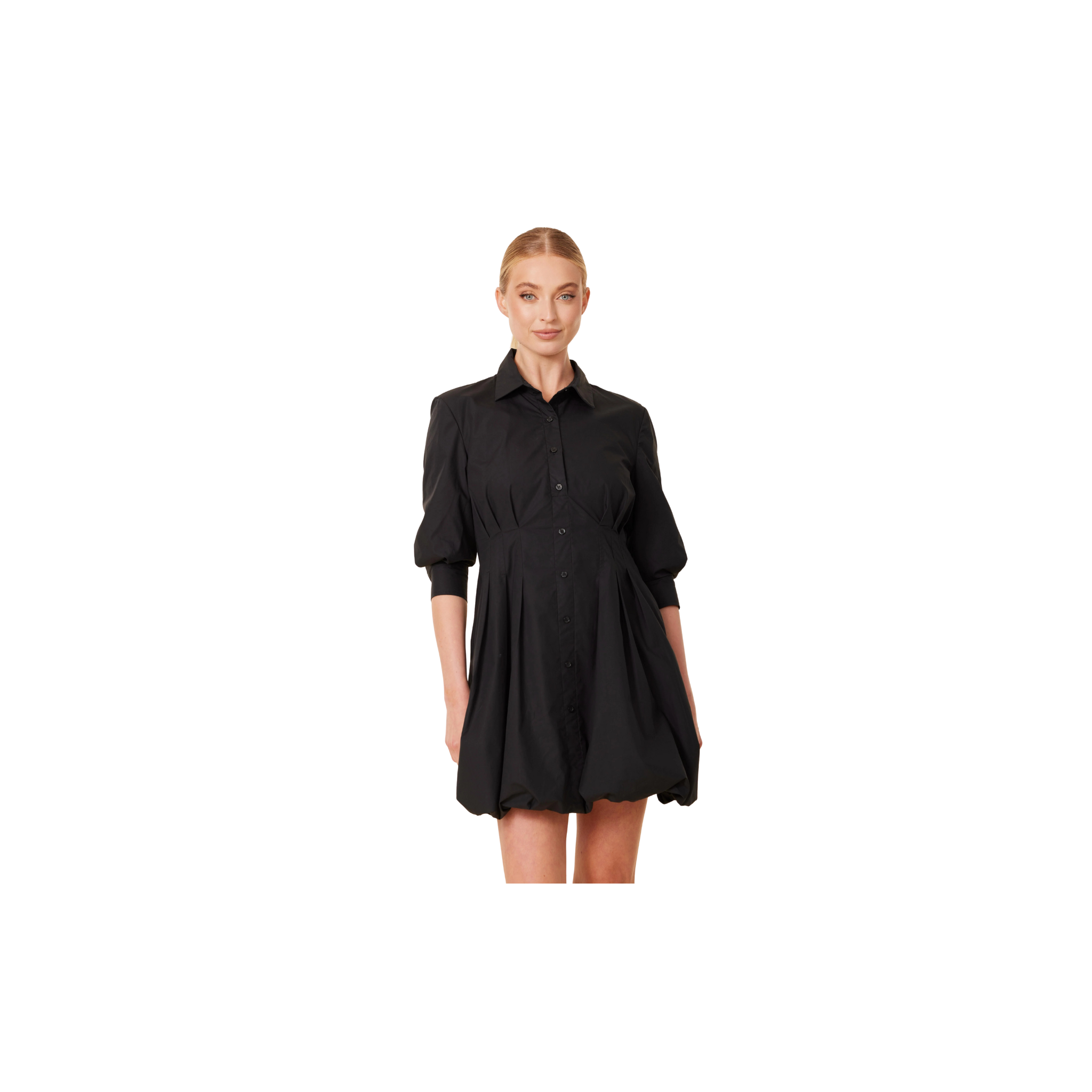 Poplin 3/4 Sleeve Bubble Dress -Black