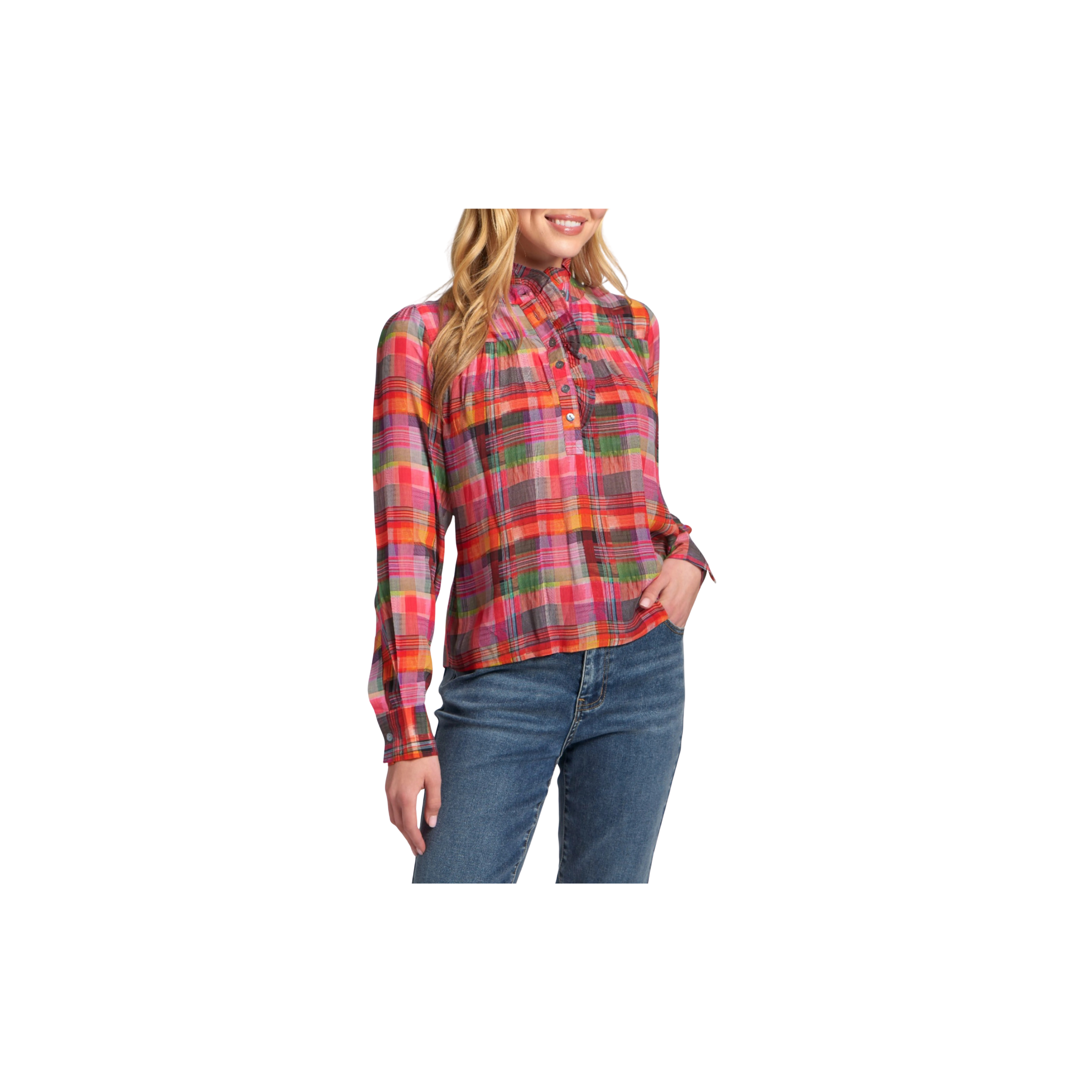 APNY Ruffle Half Placket Blouse -Pink Plaid Multi