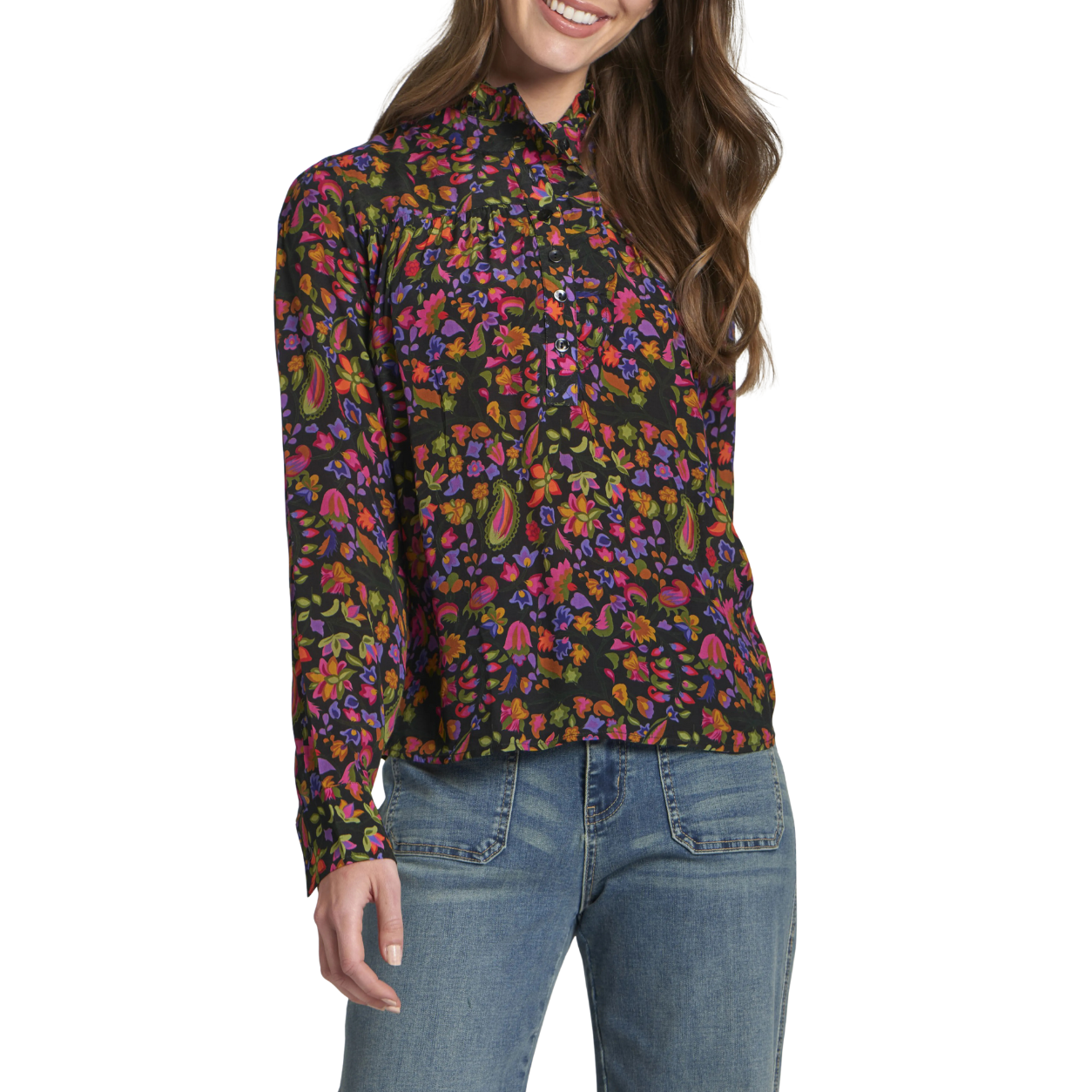 APNY Ruffle Half Placket Blouse- Pink Black Floral Multi