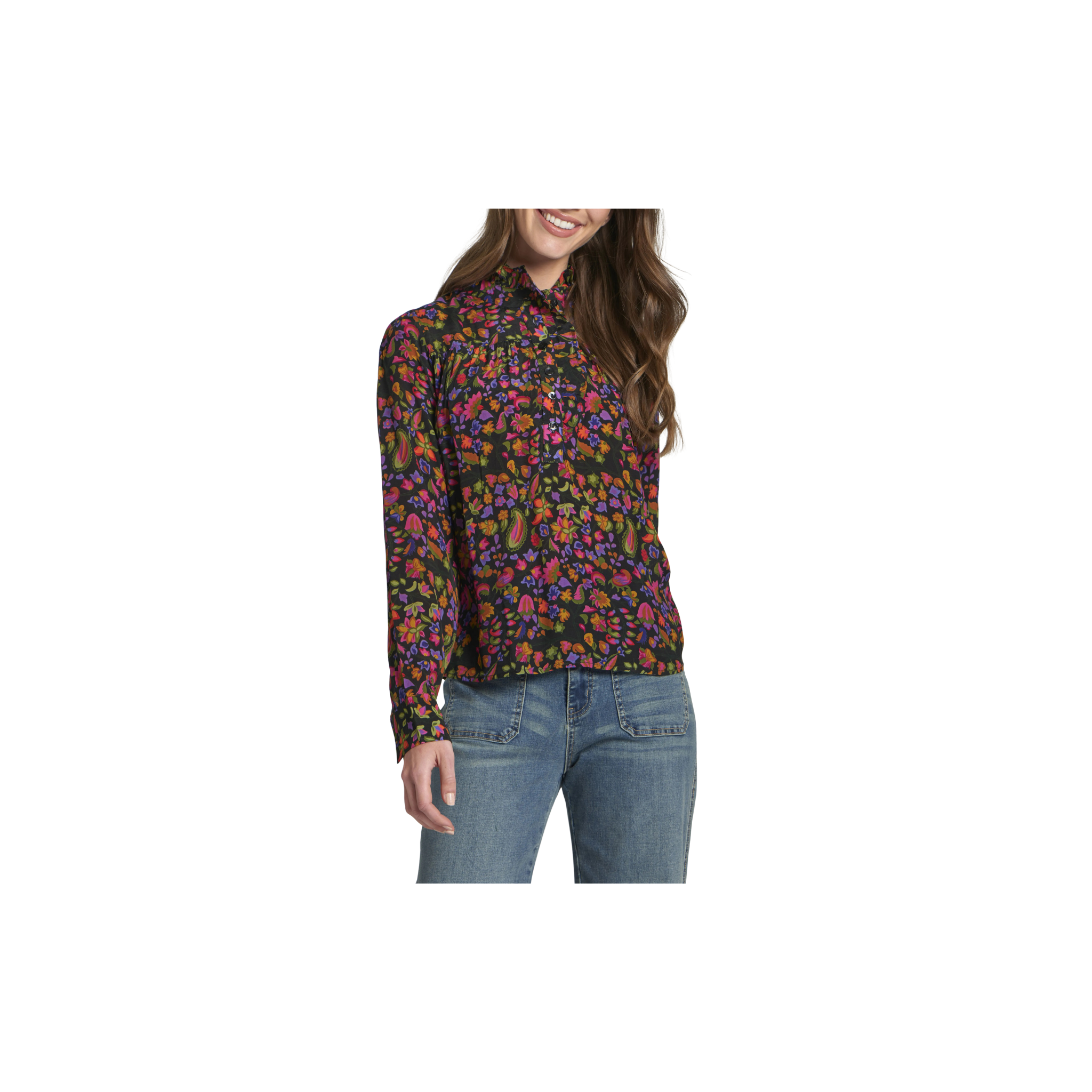 APNY Ruffle Half Placket Blouse- Pink Black Floral Multi