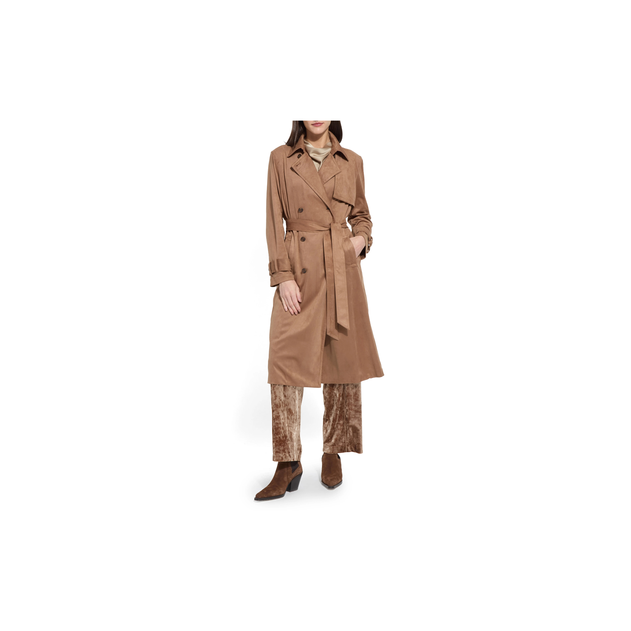 Agatha Faux Suede Trench Coat-Lux Camel