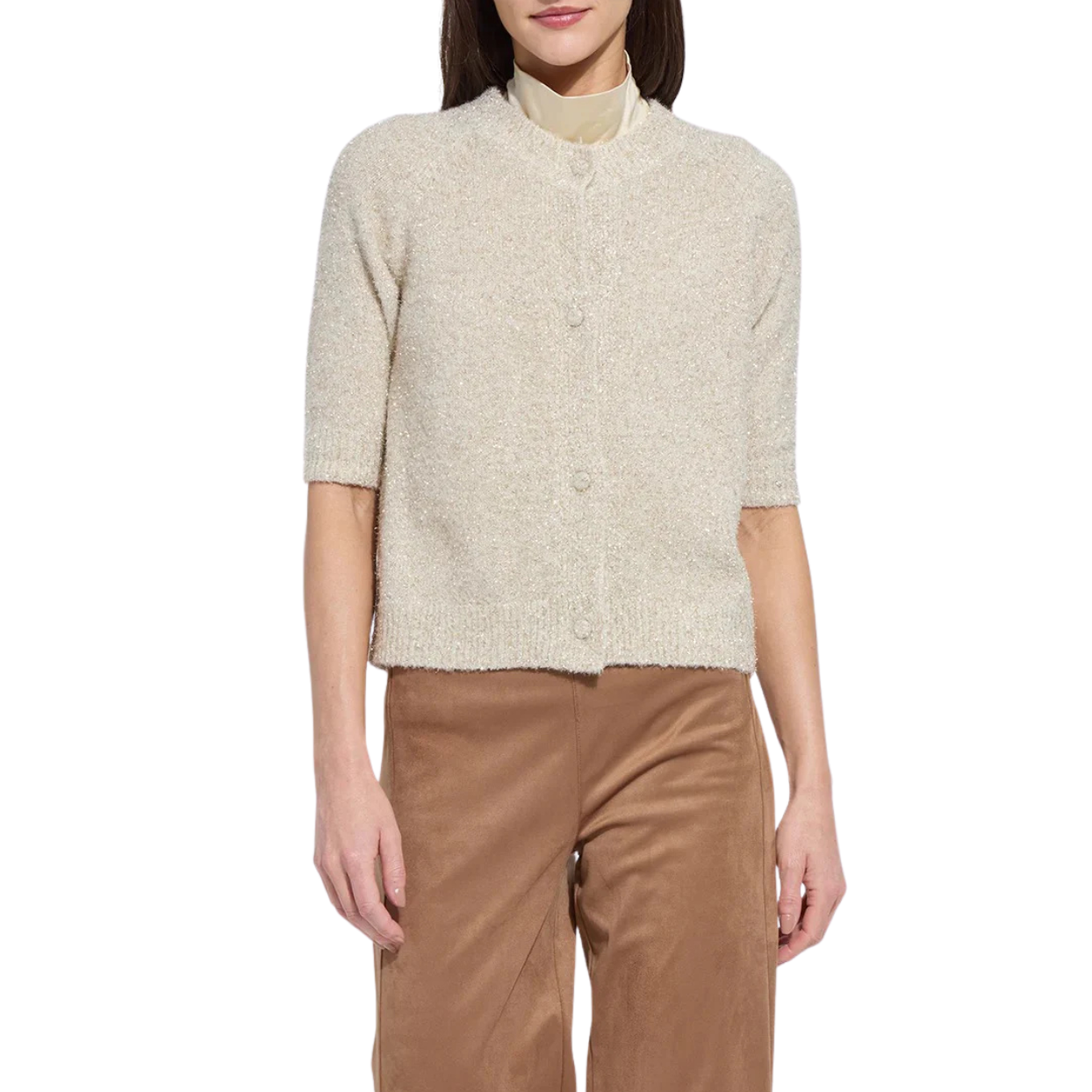 Lysse Kennedy Short Sleeve Lurex Feather Cardigan-Silky Cream