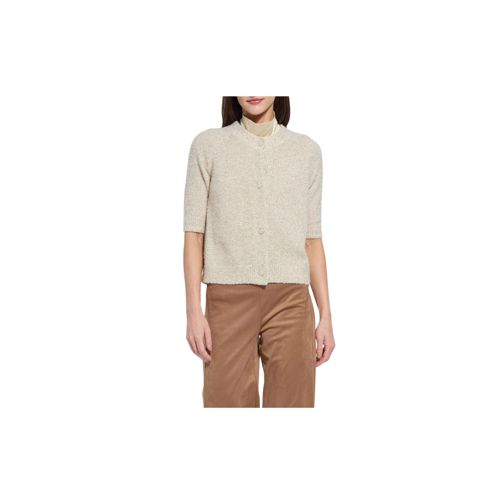 Kennedy Short Sleeve Lurex Feather Cardigan-Silky Cream