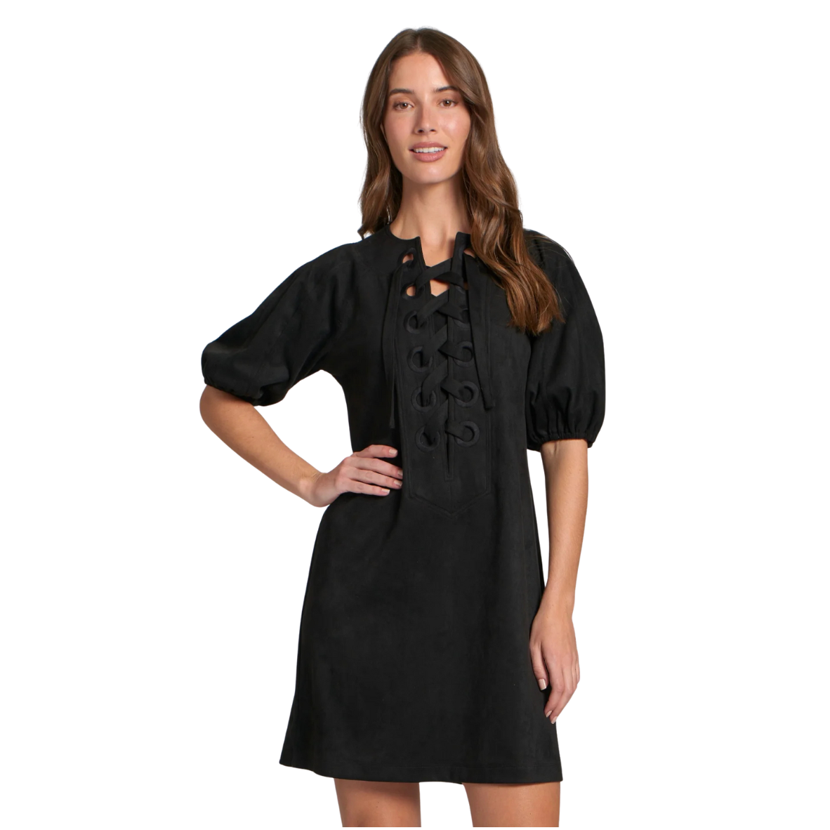 APNY Vegan Suede Lace-Up Puff Sleeved Dress-Black