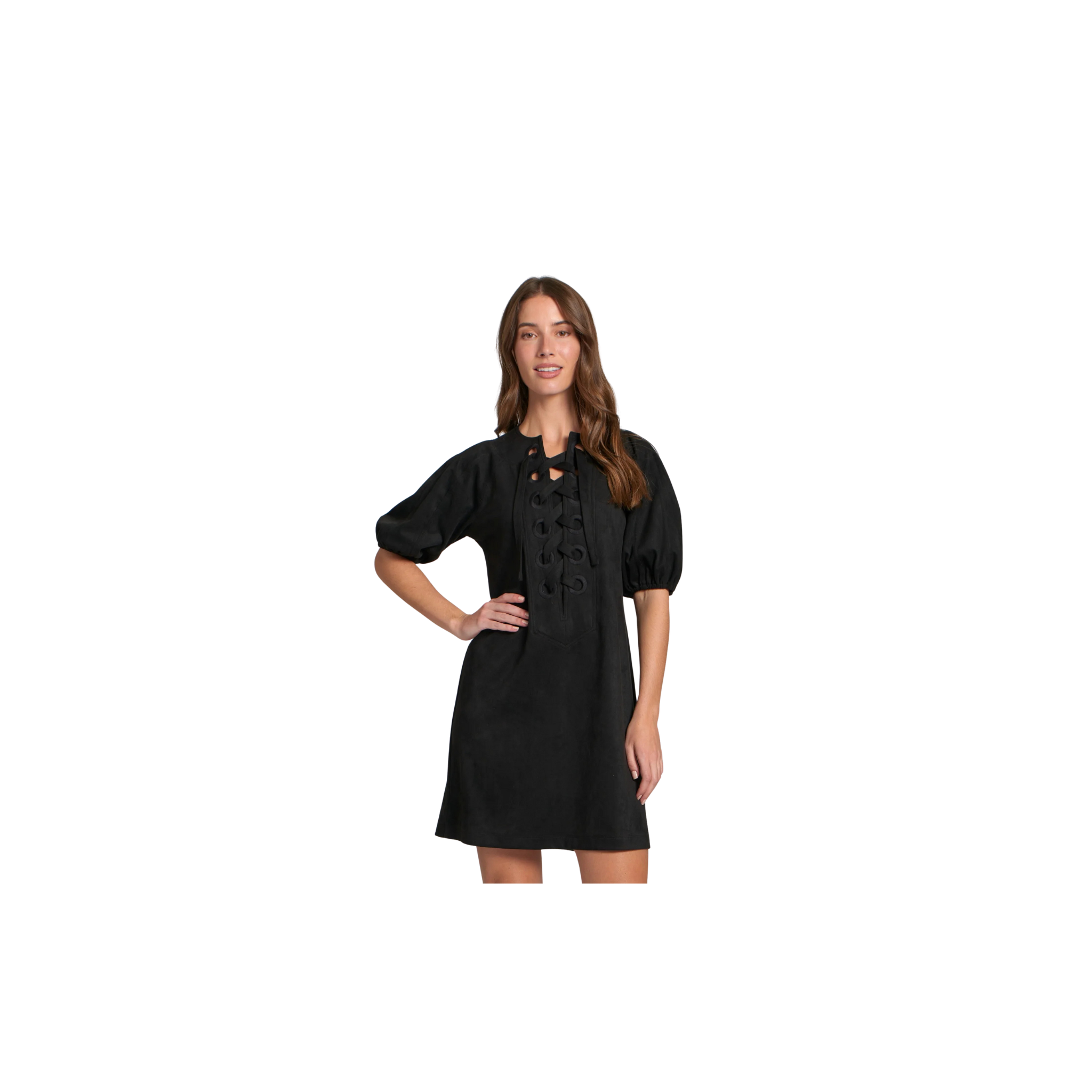 APNY Vegan Suede Lace-Up Puff Sleeved Dress-Black