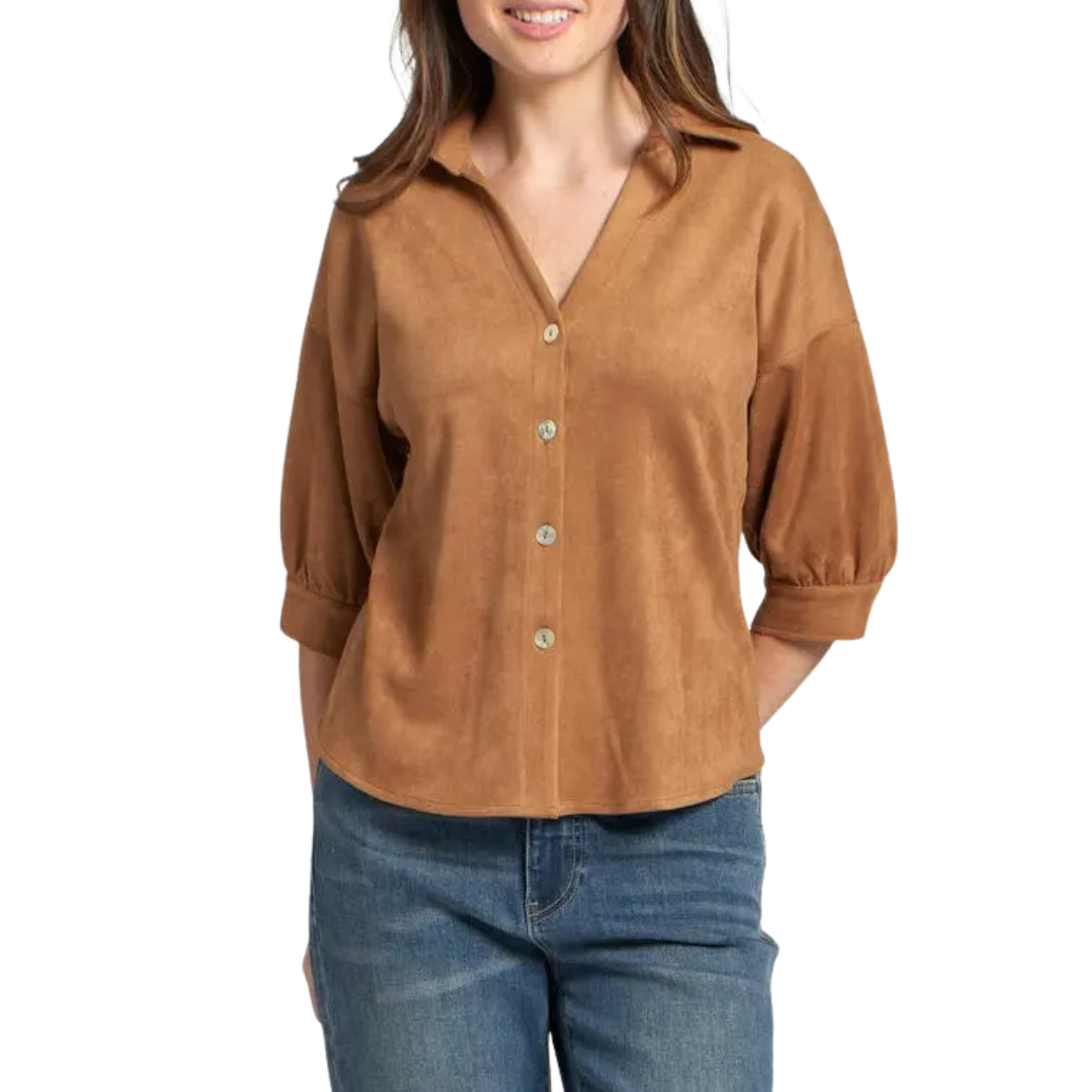 APNY Faux Suede Blouse w/ Blouson Sleeve-Caramel