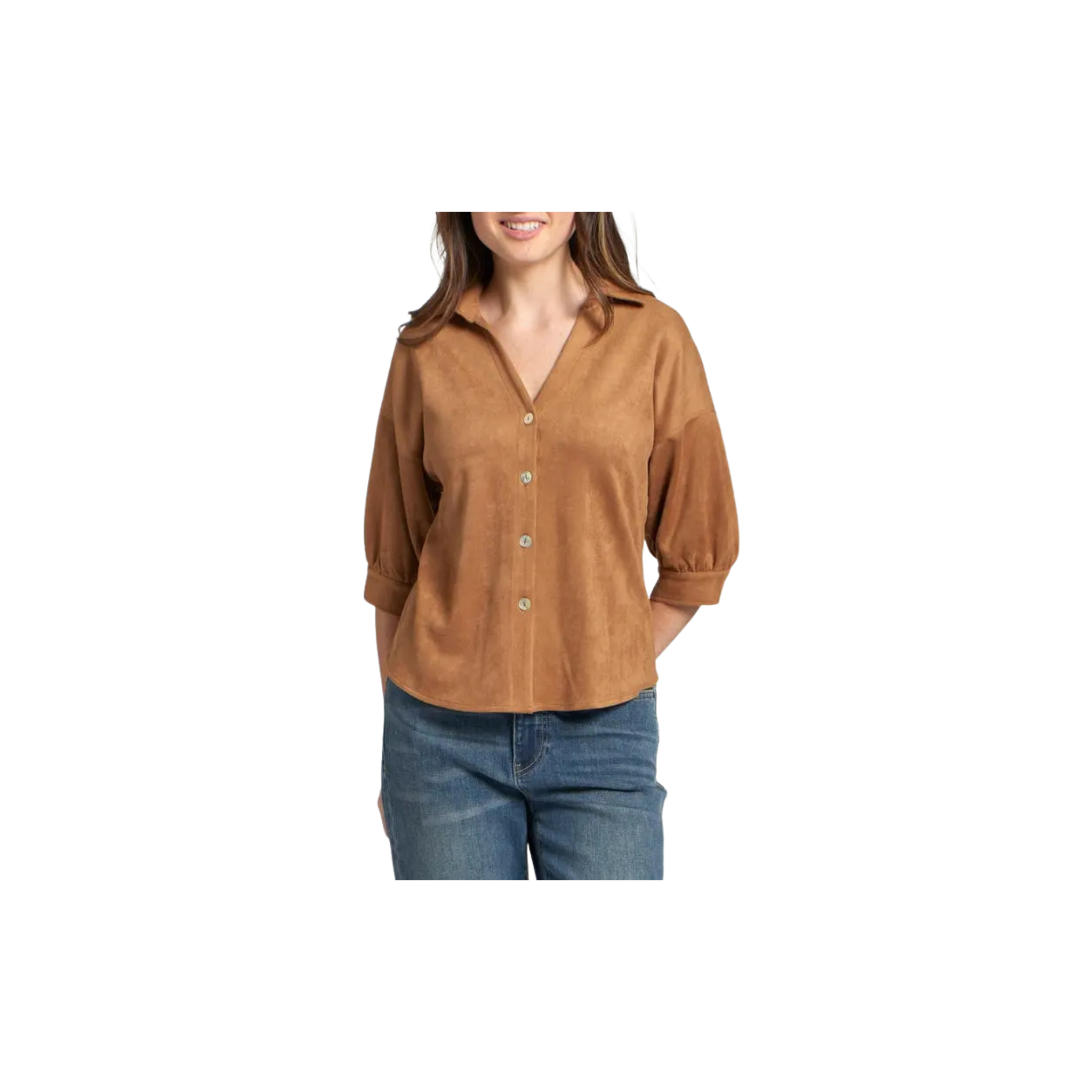 APNY Faux Suede Blouse w/ Blouson Sleeve-Caramel