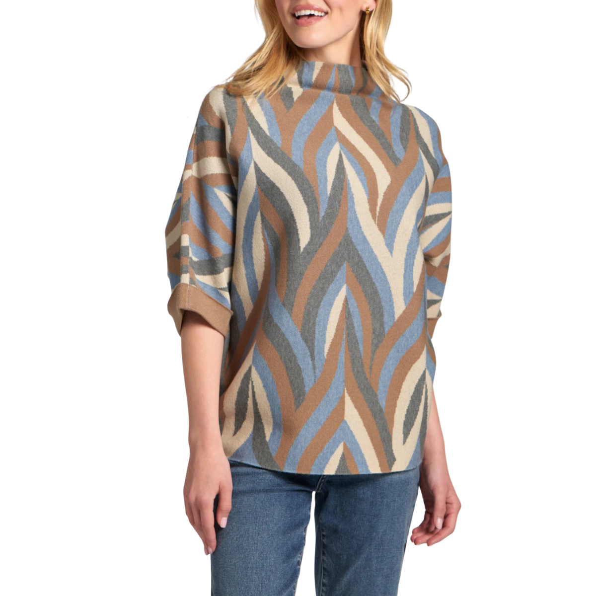 APNY Interlacing Lines Sweater with Contrast Cuffs-Mocha