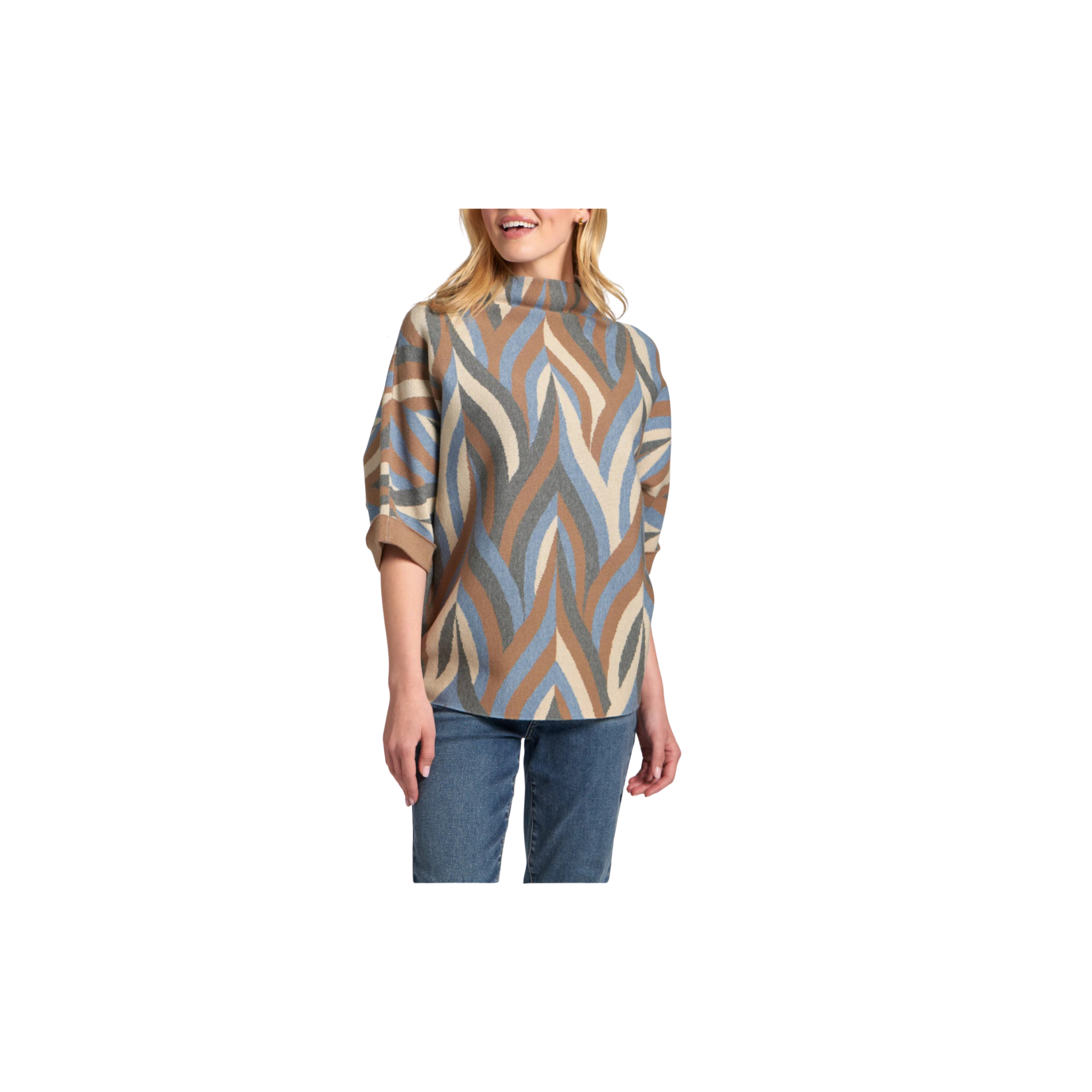 APNY Interlacing Lines Sweater with Contrast Cuffs-Mocha