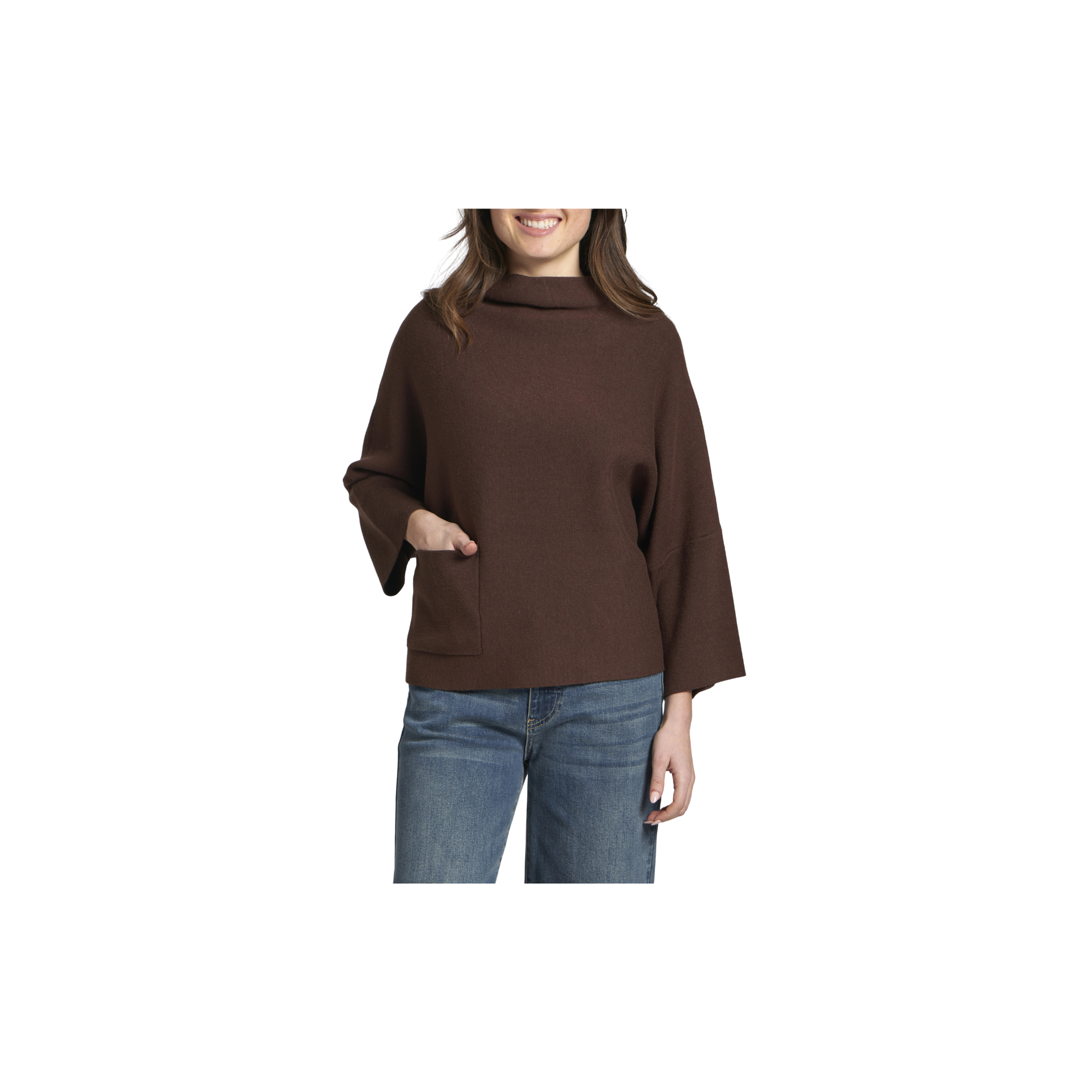 APNY Funnel Neck Patch Pocket Sweater-Chocolate Brown