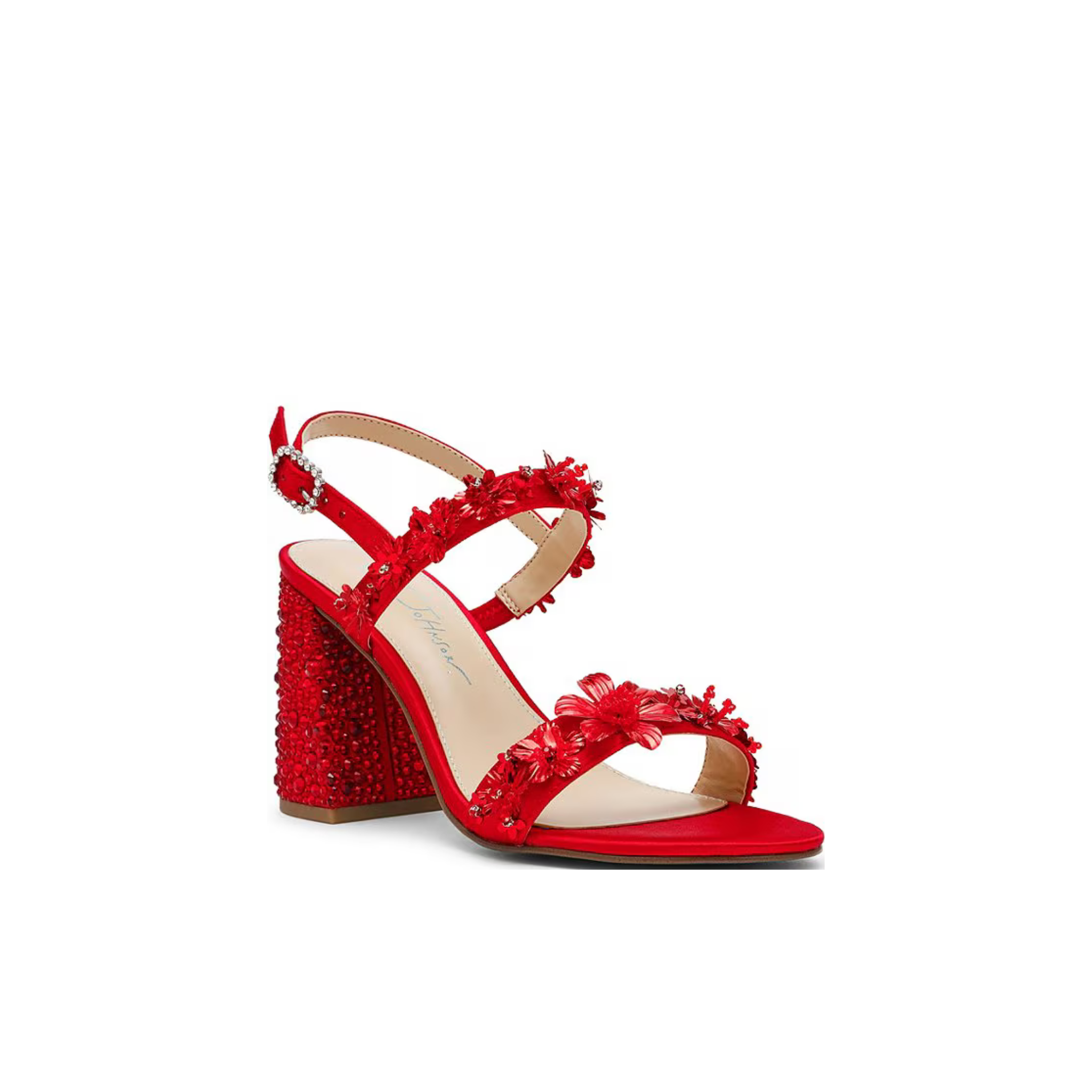 Drue Metallic Rhinestone Embellished Dress Sandals -Red