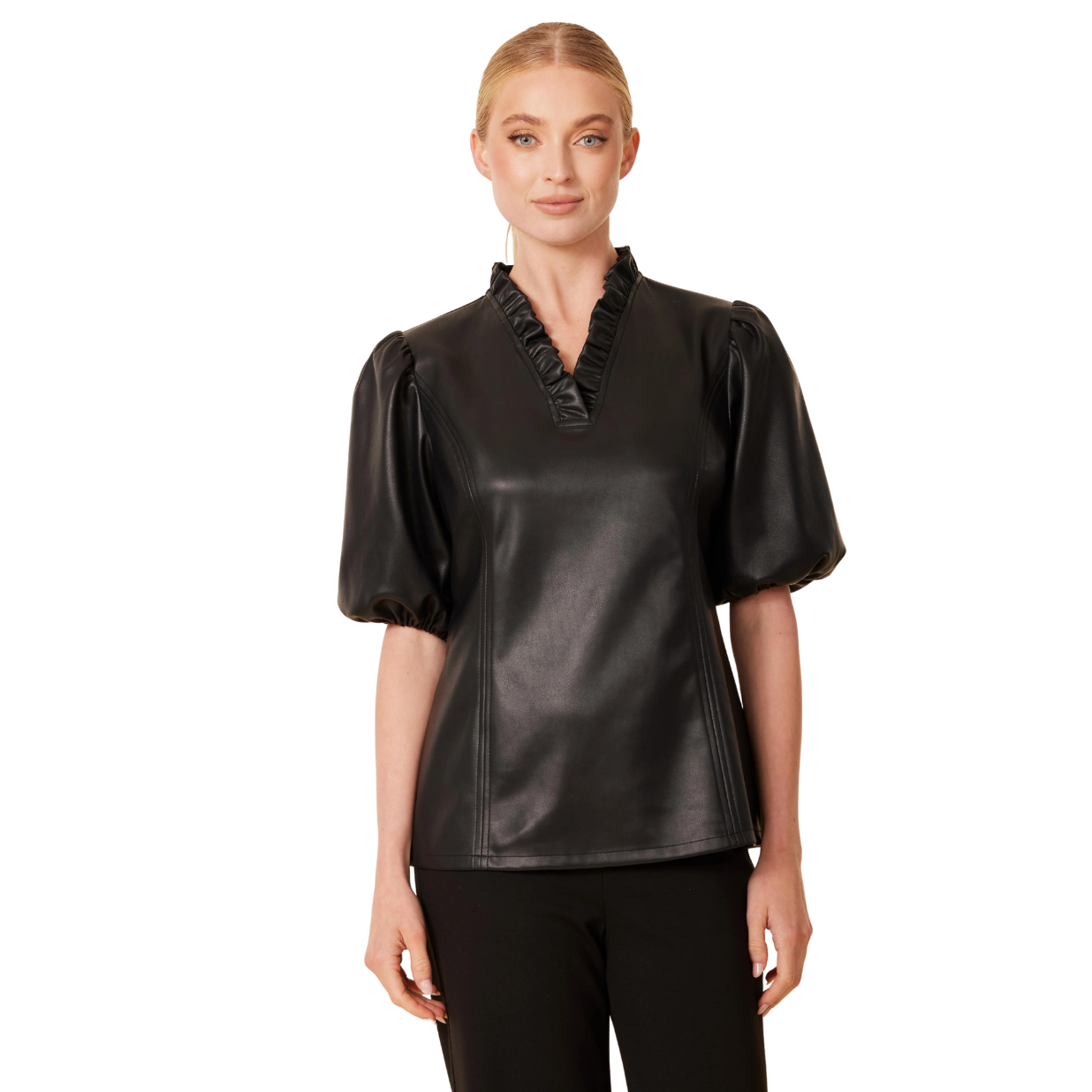 Dolce Cabo Faux Leather Ruffle Neck Top -Black