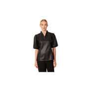 Faux Leather Ruffle Neck Top -Black